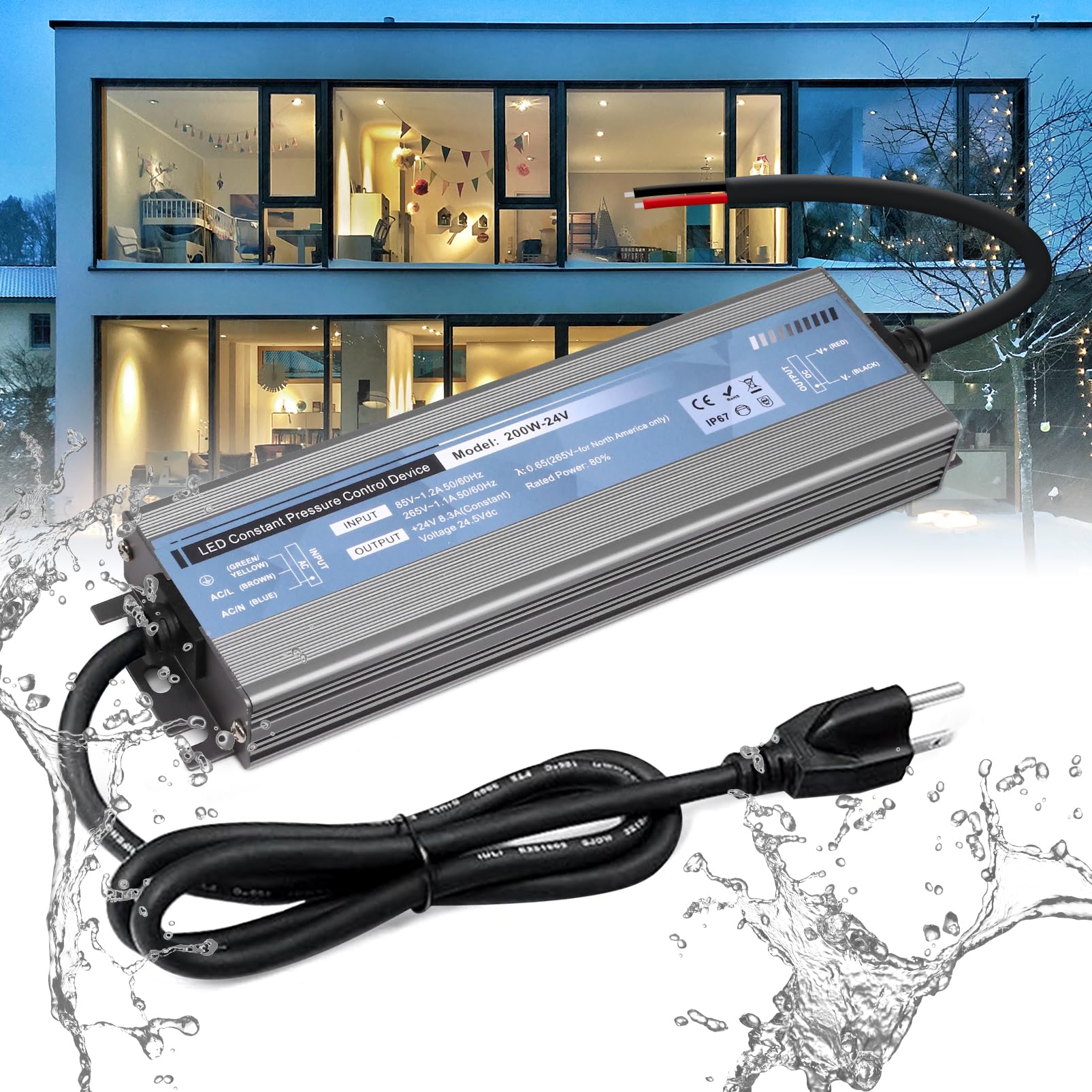 QNNP LED Driver 200 Watts 24V DC Low Voltage Transformer Waterproof IP67 Power Supply Transformer Adapter AC 100V-120V to 24V DC