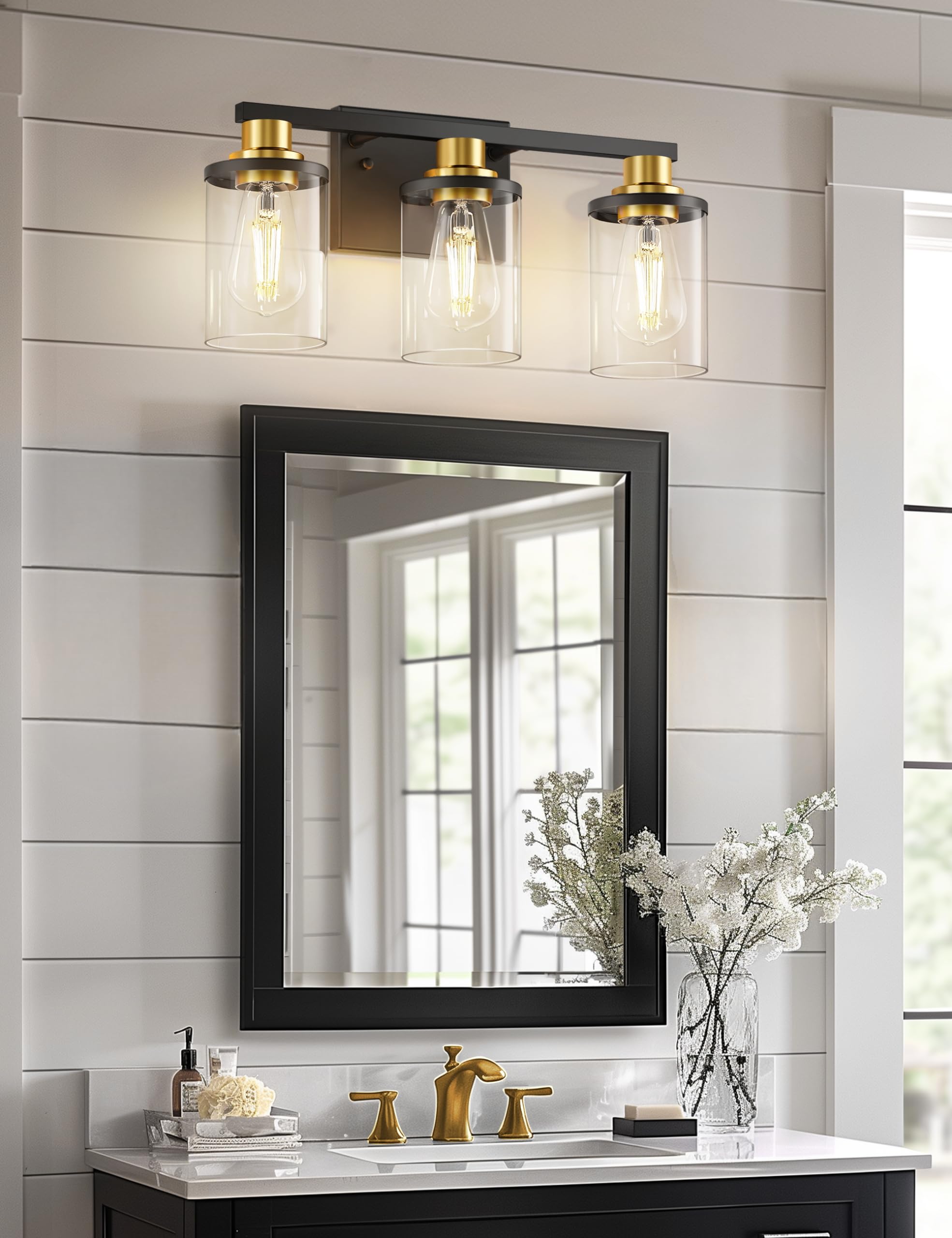 L LOHAS LED 3-Light Bathroom Light Fixtures, Black and Gold, Modern Design, Glass Shade, ETL Listed, Model USA-LK-JQ00501CGB