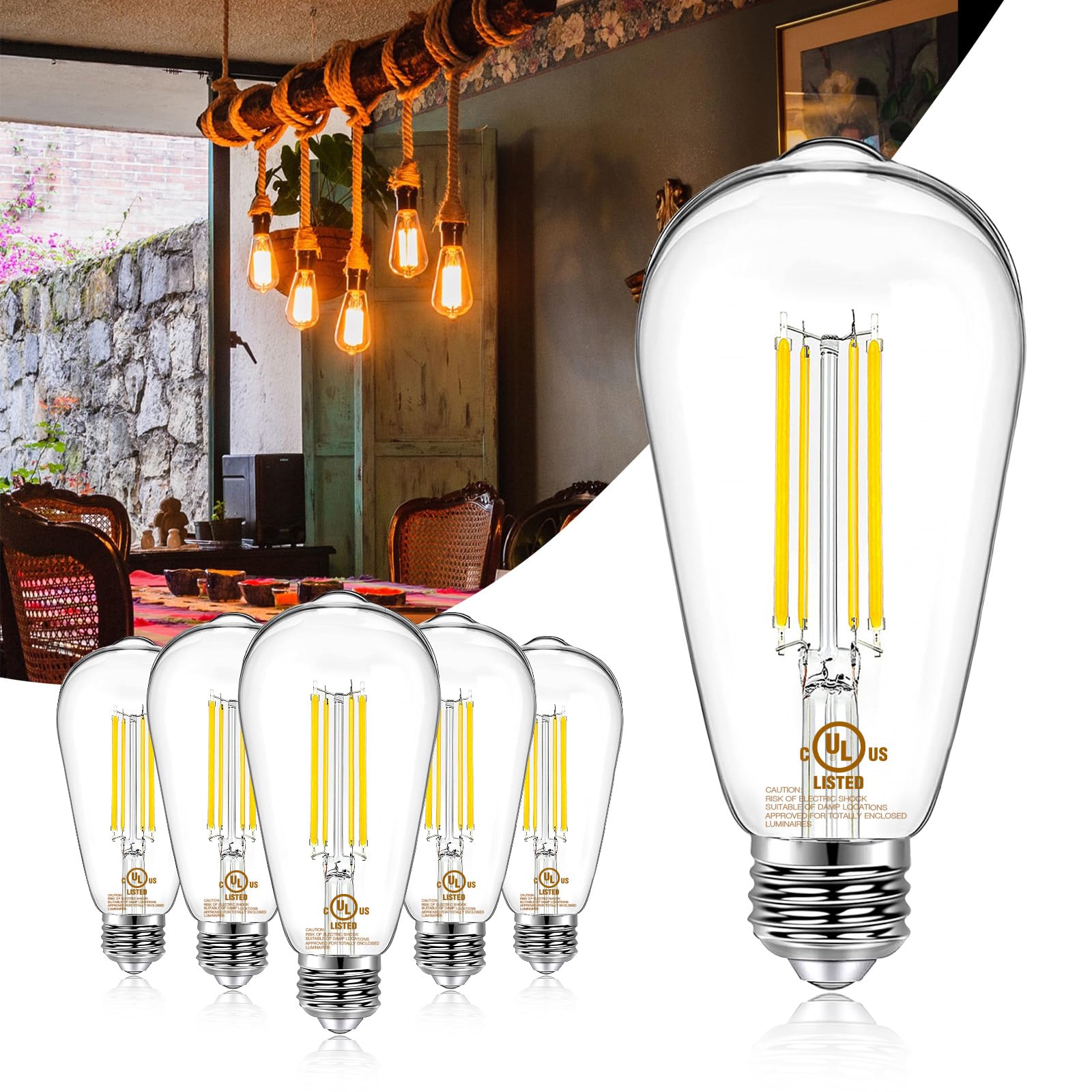 DAYGameTER 6 Pack Vintage LED Edison Bulbs  E26 Led Bulb 60W Equivalent  Dimmable Led Light Bulbs  High Brightness 800 LM Warm White 2700K  ST58 Antique Filament Bulbs  Clear Glass Style for Home