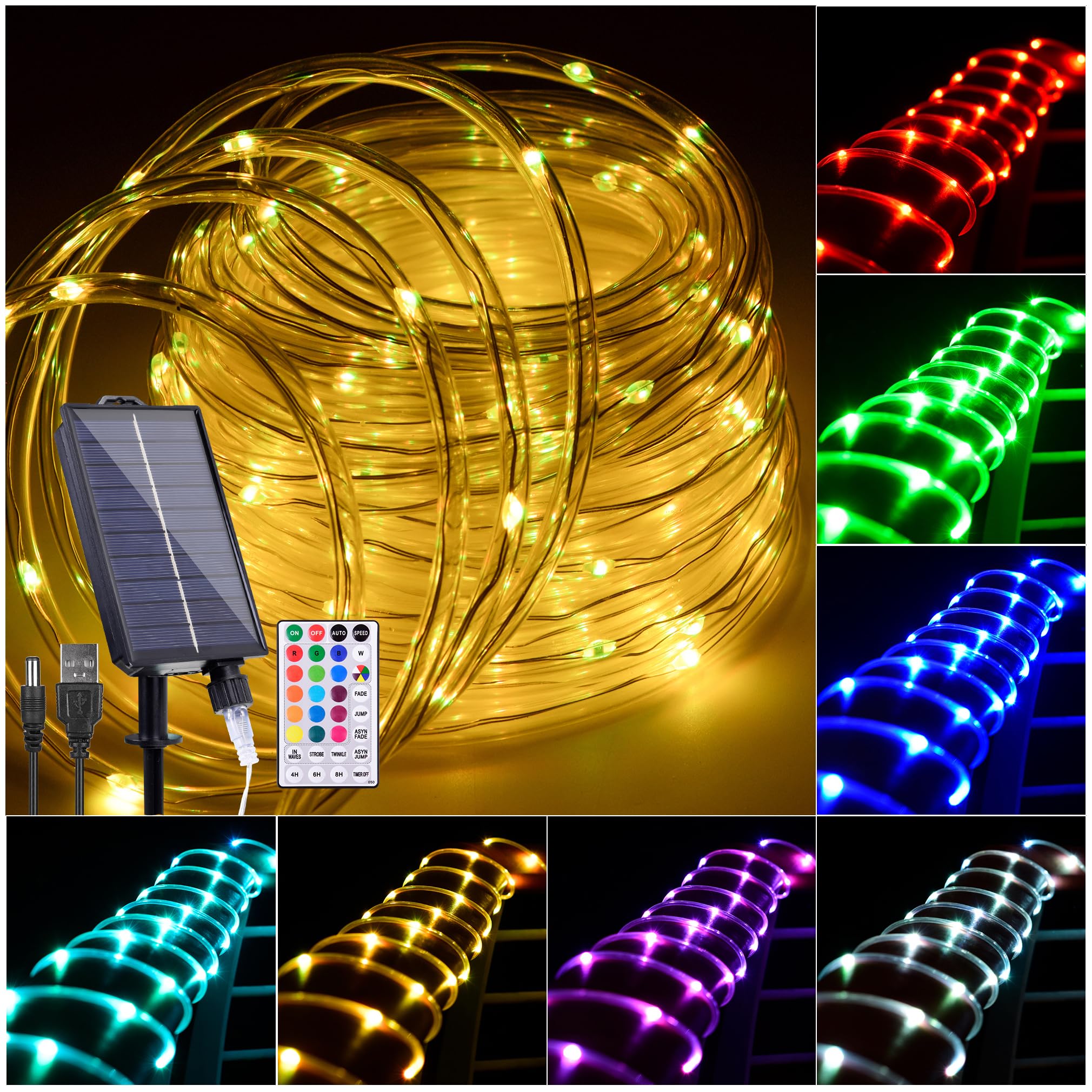 Hozplex Solar Rope Lights Outdoor Waterproof  49Ft 150 LED String Light Fairy Solar Powered & USB with Remote  18 Colors Changing Trampoline Lighting for Outside Garden Patio Home Christmas Decoration