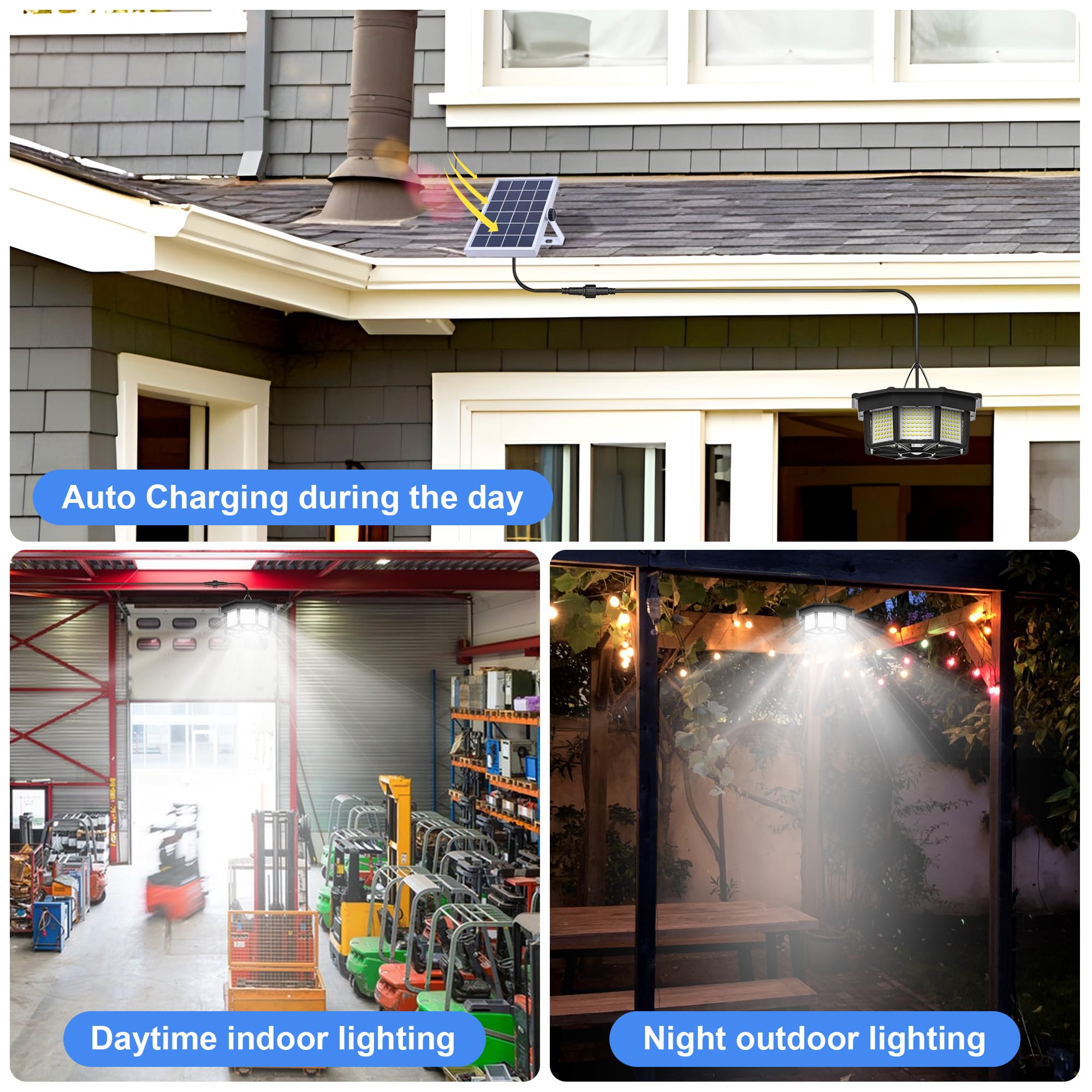 Uooiumoy 2 Pack Solar Shed Light Indoor Outdoor 1200Lm Solar Powered Pendant Daywork Light 288Led 8-Faces Motion Sensor With 5 L