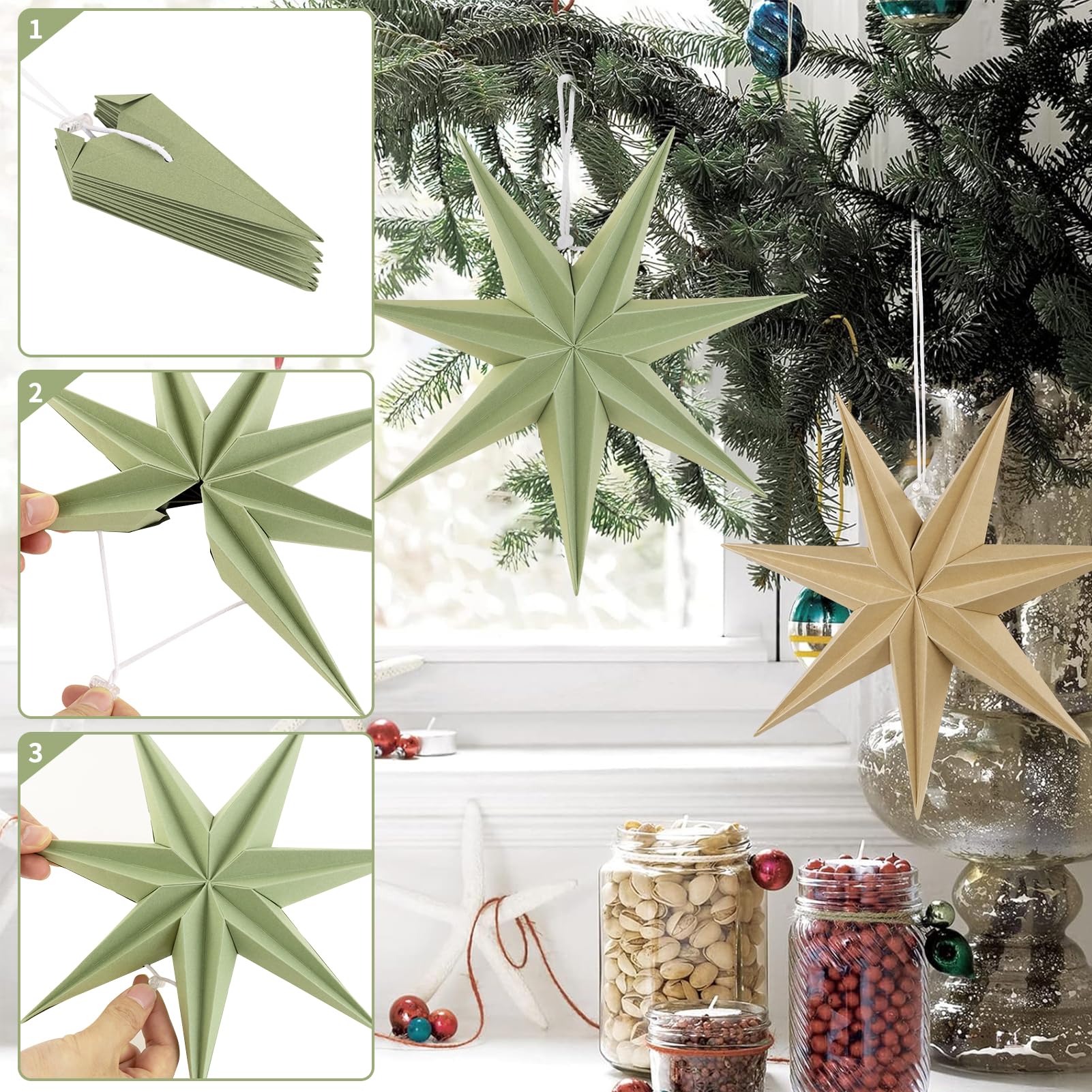 Sunbeauty Sage Green 7-Pointed 12 Inch Paper Star Lanterns Christmas Hanging Lamp Paper Decorations Shade Wedding Birthday Chris