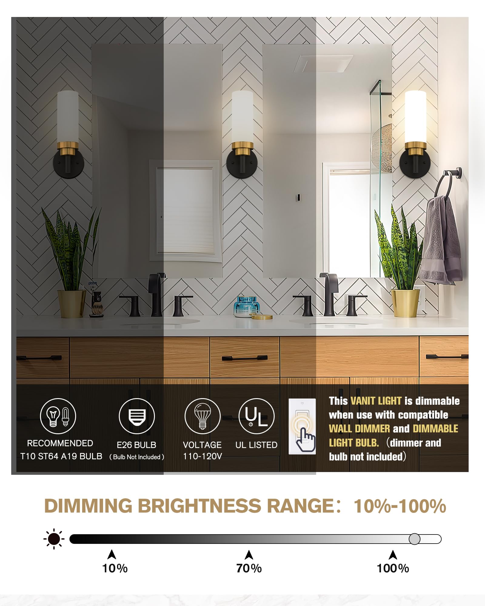 Emak Modern Wall Sconce, Black Gold Bathroom Light Fixtures With Milk Glass Shade, 2 Pack Wall Lamp For Bathroom, Bedroom, Livin