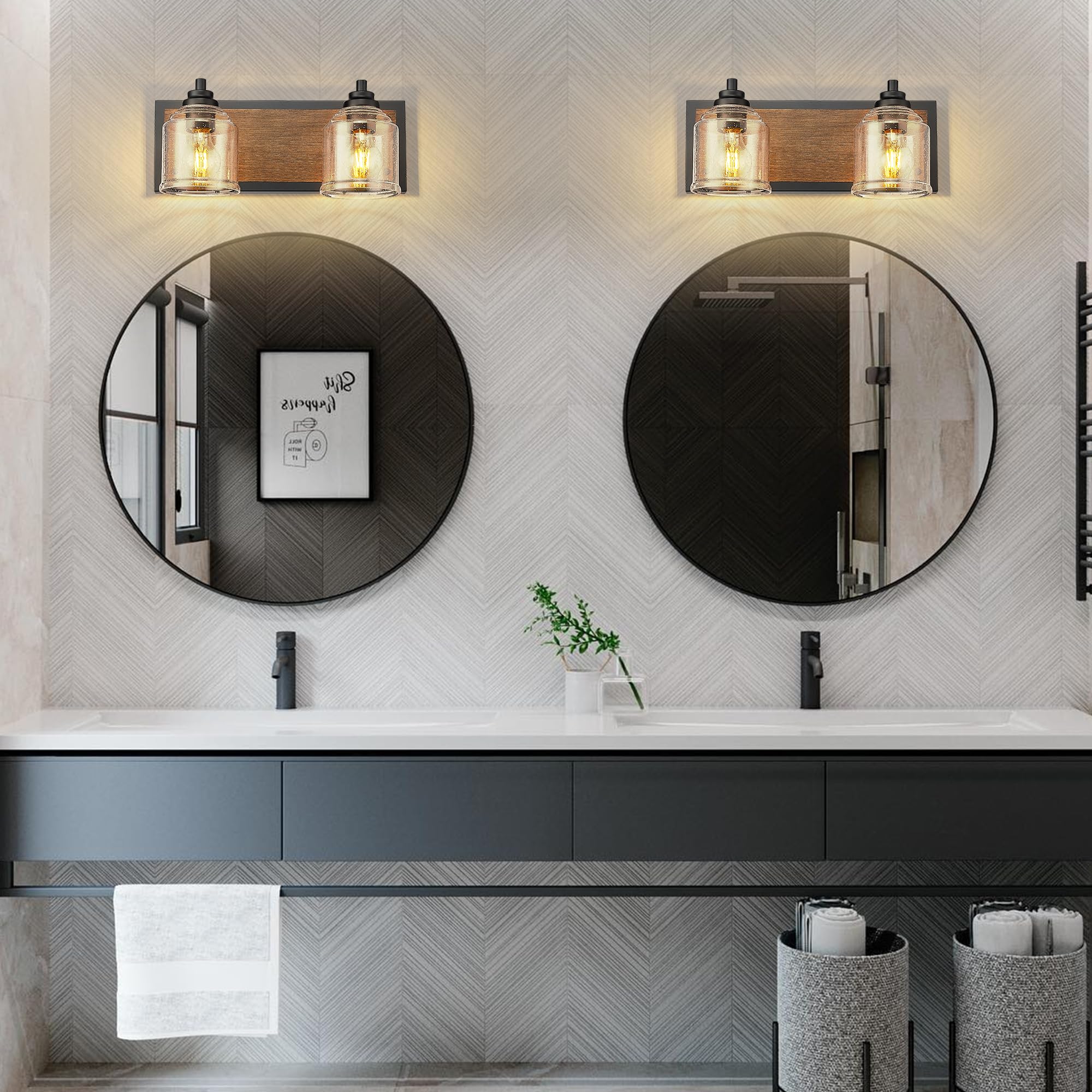 YKLITG 2-Light Farmhouse Bathroom Vanity Light, Brown Metal with Bubble Glass Shades, Model BD005 S