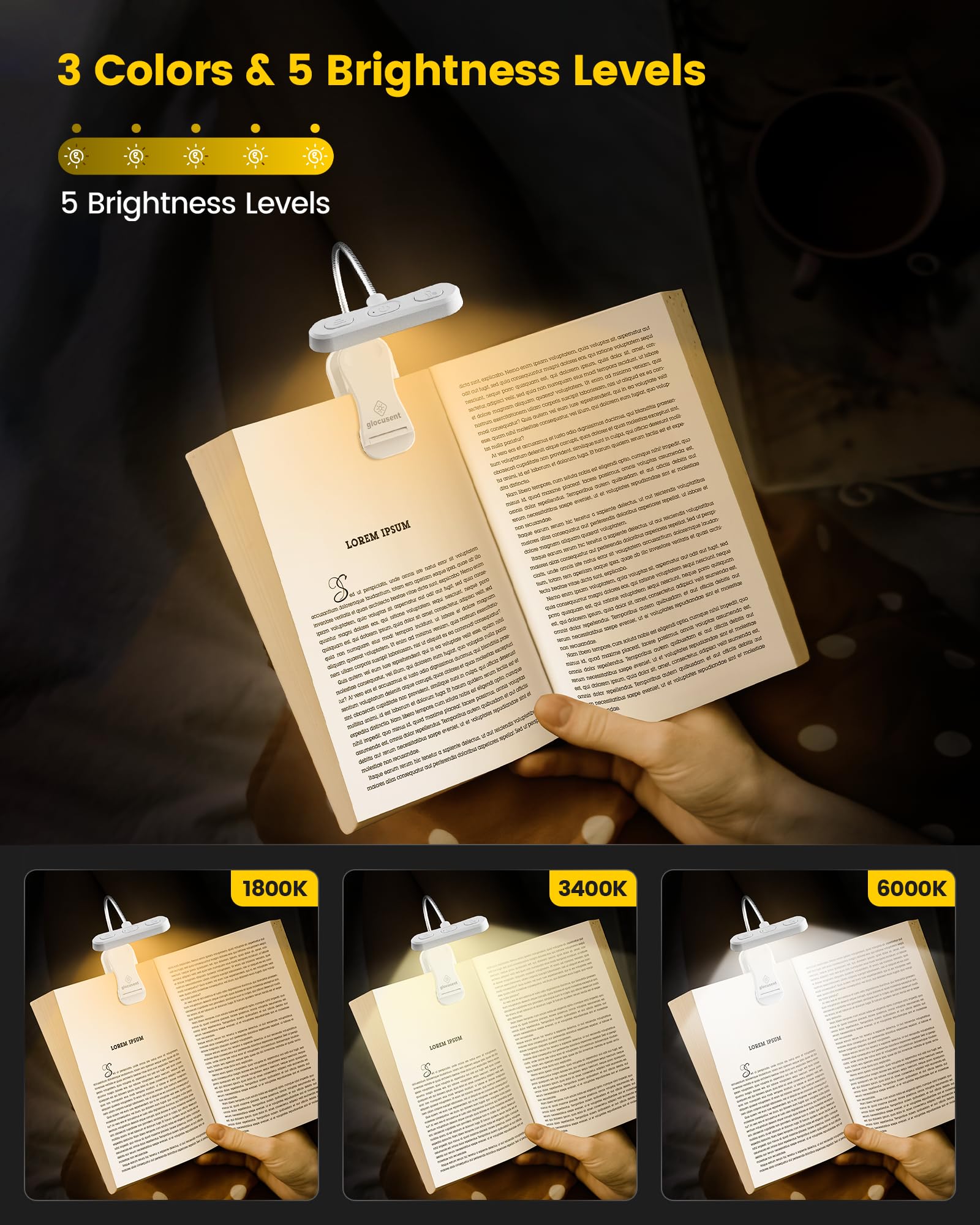 Glocusent Book Light ET-Head, 3 Colors & 5 Brightness, Rechargeable, Lightweight, Small, White, Model A18
