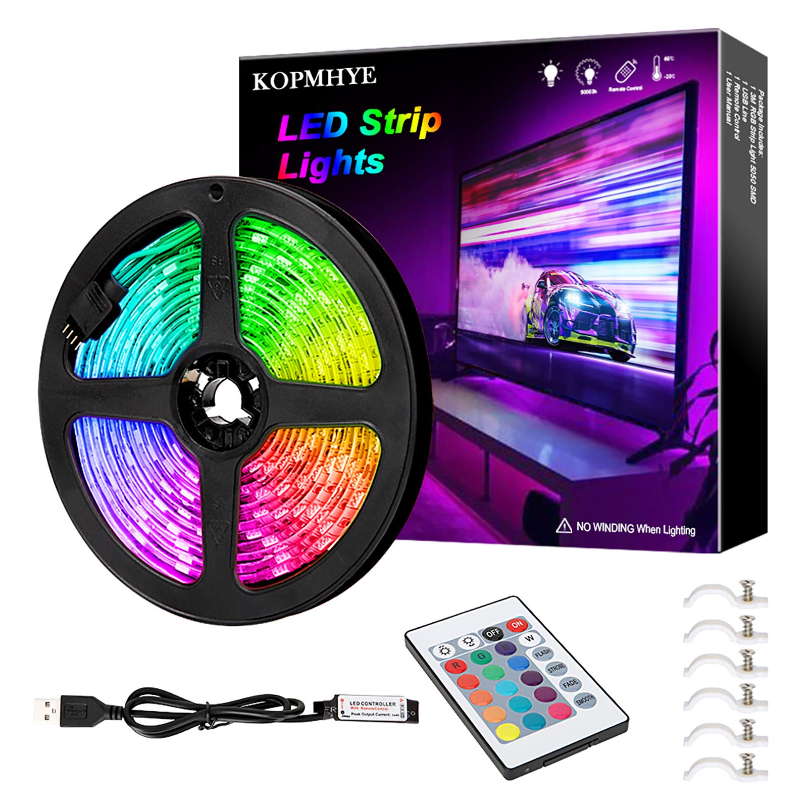Kopmhye 10Ft Rgb Led Strip Lights, Waterproof Usb Backlight, 16 Color Changing For Tv & Pc