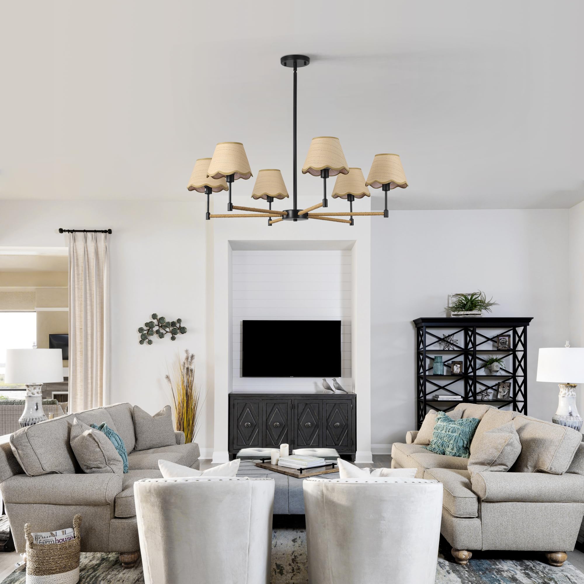 Zxfdwb Boho Rattan Farmhouse Chandelier  6-Light Modern Large Black Pendant Light  Rustic Adjustable Hanging Lighting Fixture For Dining Room  Kitchen Island Living Room