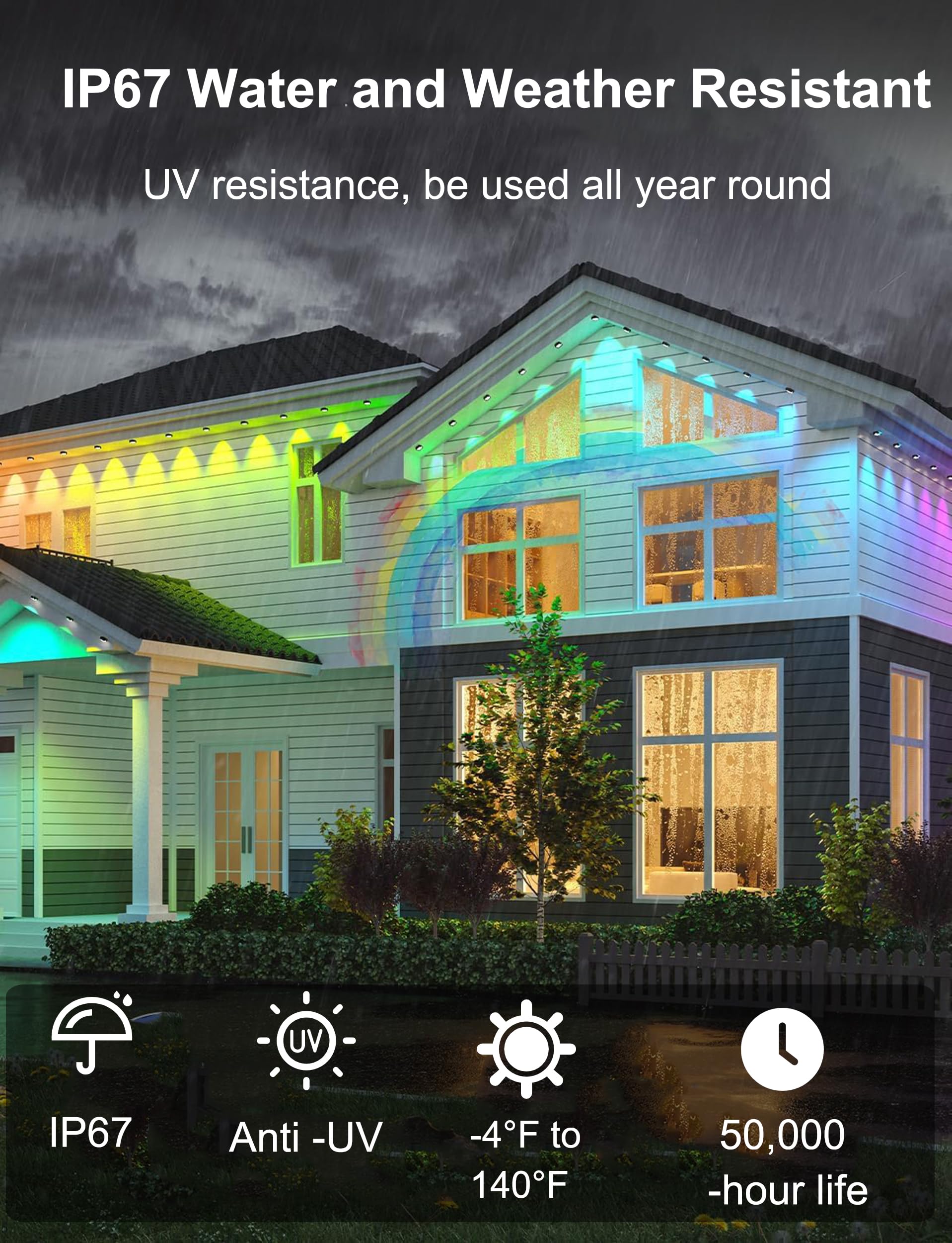Seyxicnor 50Ft Permanent Outdoor Lights, 63 Scene Modes Smart Rgbw Outdoor Christmas Lights With Remote App Control, Ip67 Waterp