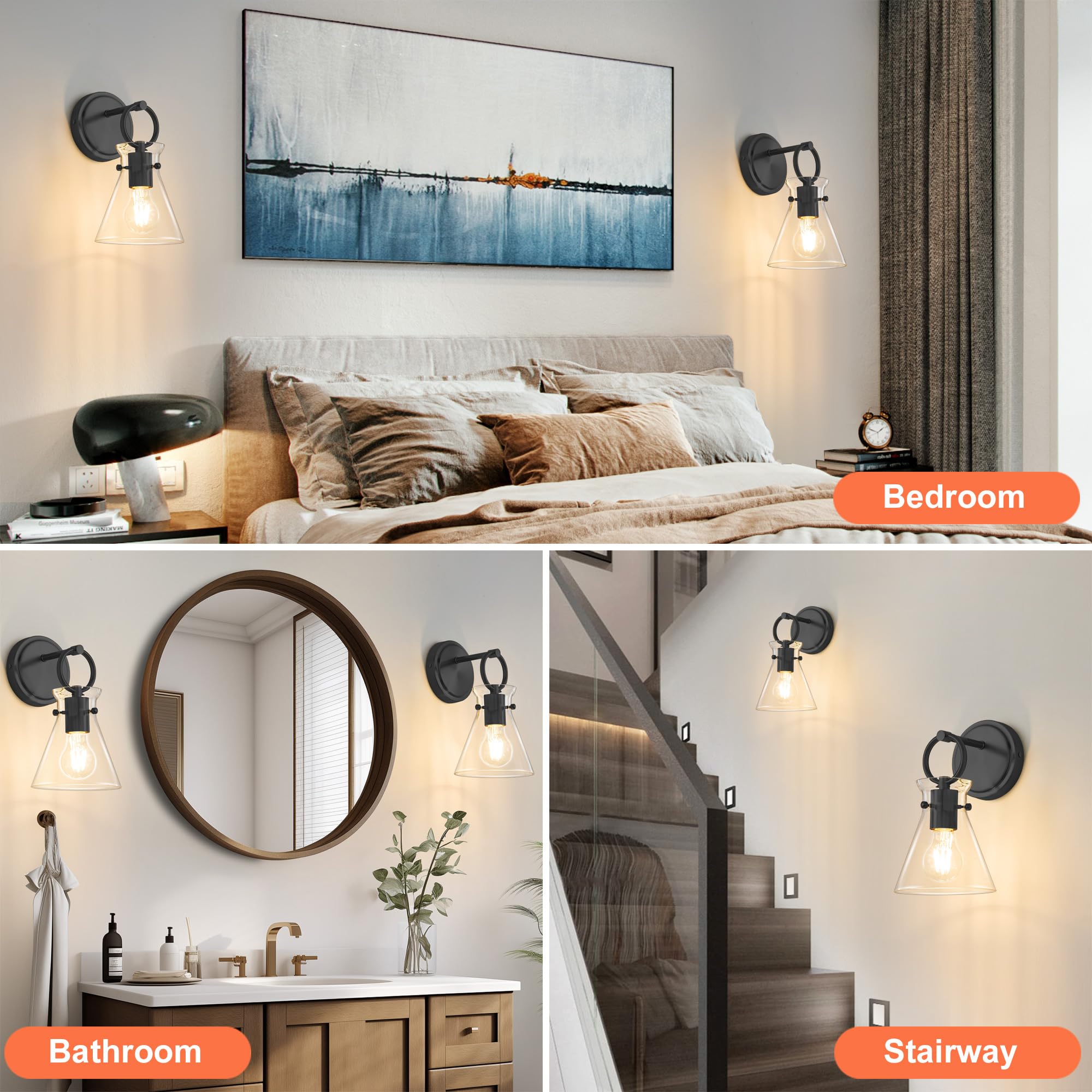 Gednbo Wall Sconces Set Of 2 Modern Vanity Light Fixtures For Bathroom Black Wall Mount Lighting Lamp Hardwired Farmhouse Wall Lights With 6 Inch Clear Glass Shade For Bedroom Living Room Mirror