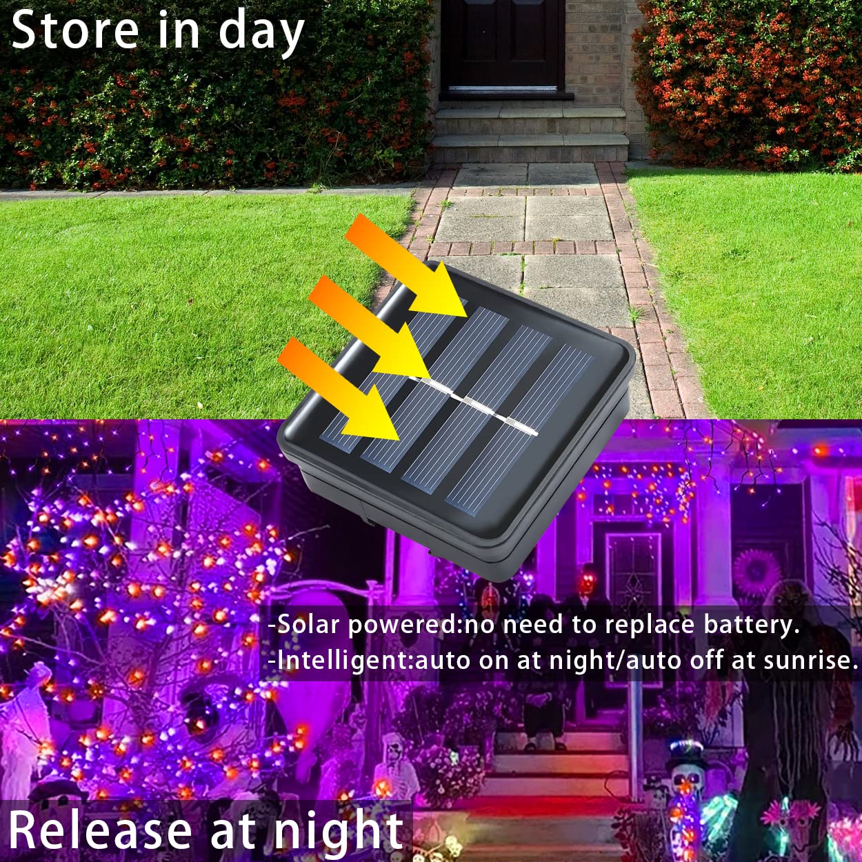 YAOZHOU Solar Powered Halloween String Lights, 100 LED, 33FT, IP67 Waterproof, Orange/Purple, 2 Pack, Black Copper Fairy Lights