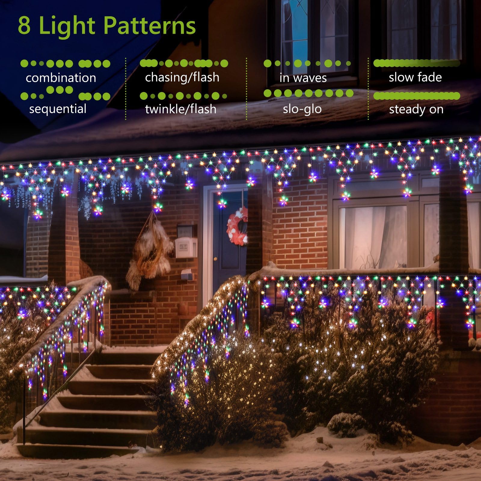 Miniao Christmas Lights Outdoor Decorations 218 Led 13.8Ft Curtain Fairy Lights With 12 Drops  Led String Light Decor With 8 Modes For Party Holiday Christmas Home Indoor Outdoor Decor Star Multicolor