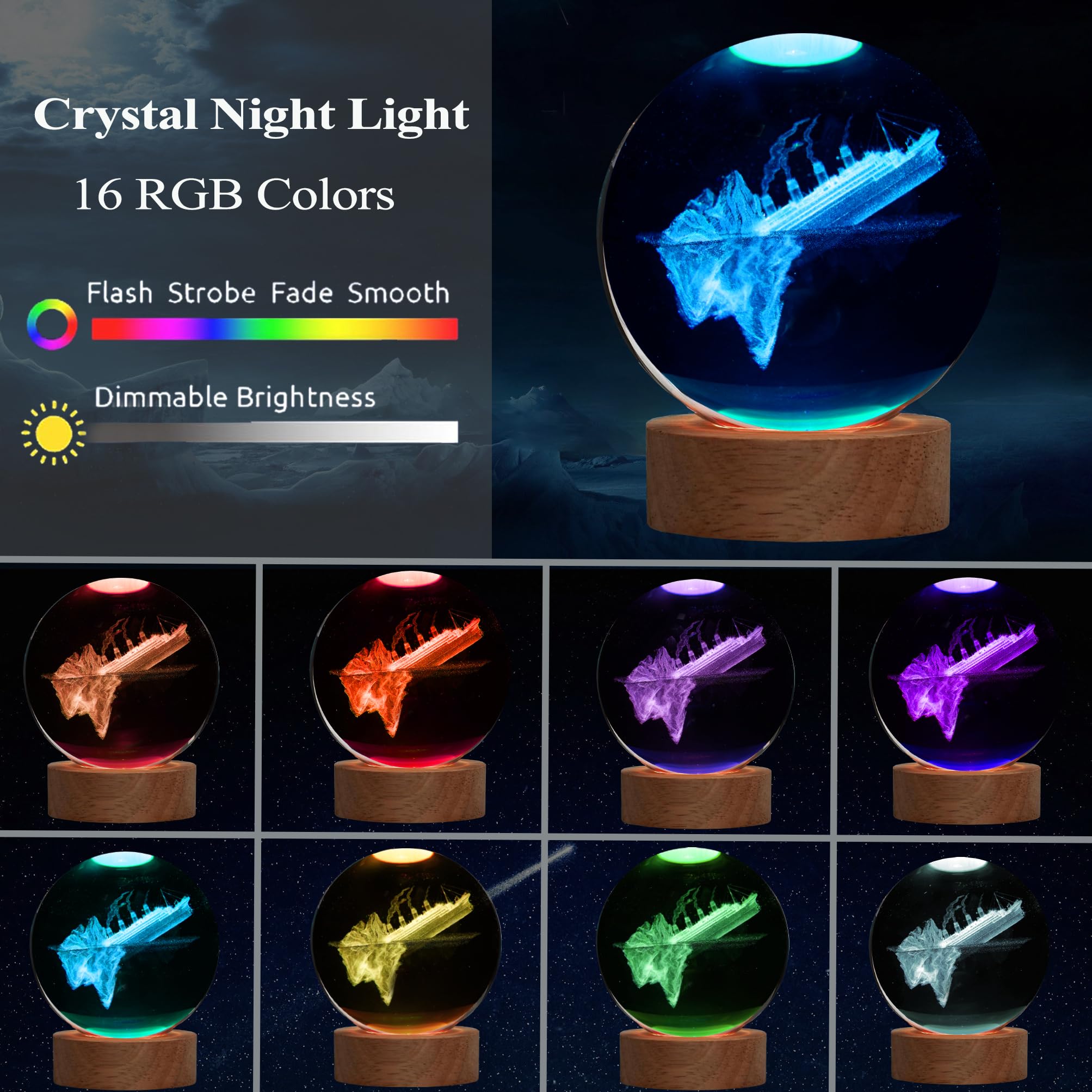 Colortown 3D Cruise Night Lamp, Medium Crystal Plastic Ship Light with Remote, 16 Colors for Boys & Girls Room Decor