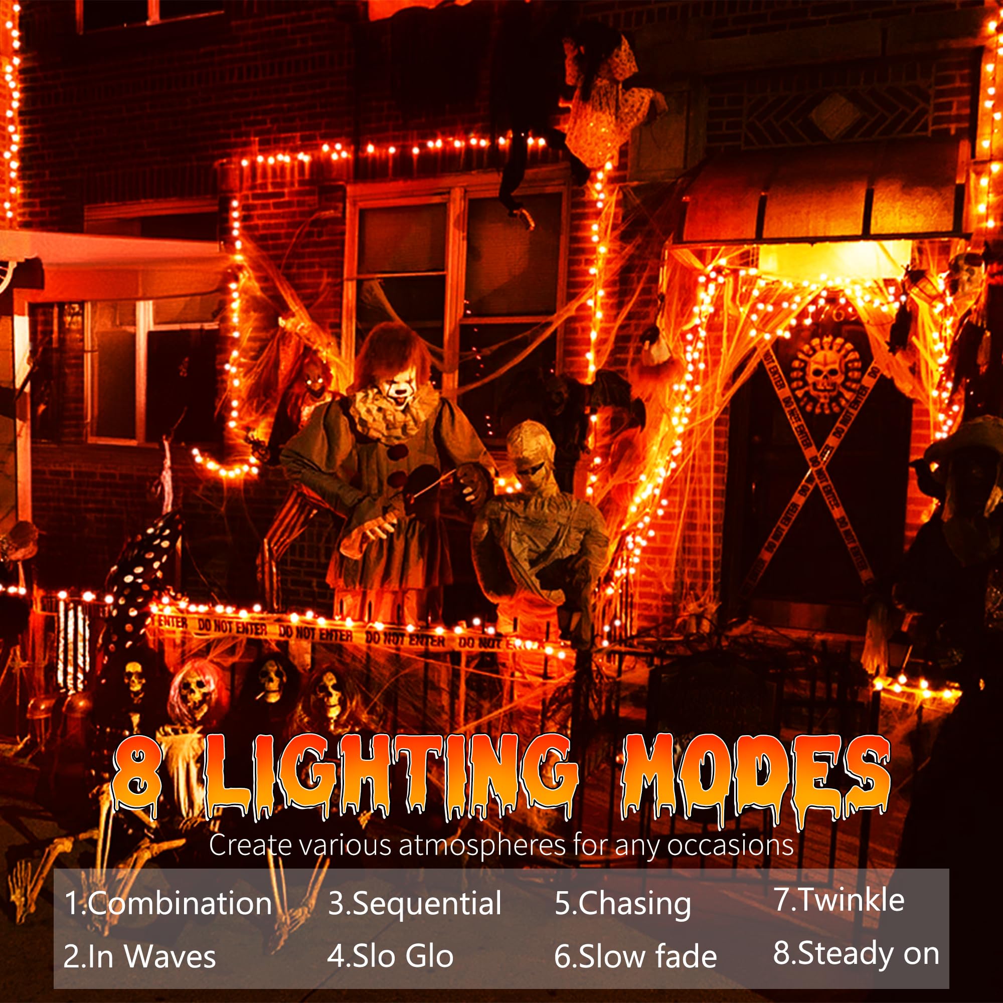 Brizled Orange Halloween String Lights, 200 LED, 66ft, Connectable, 8 Modes, Timer, Outdoor/Indoor Use, Model FT4-200OCL-30