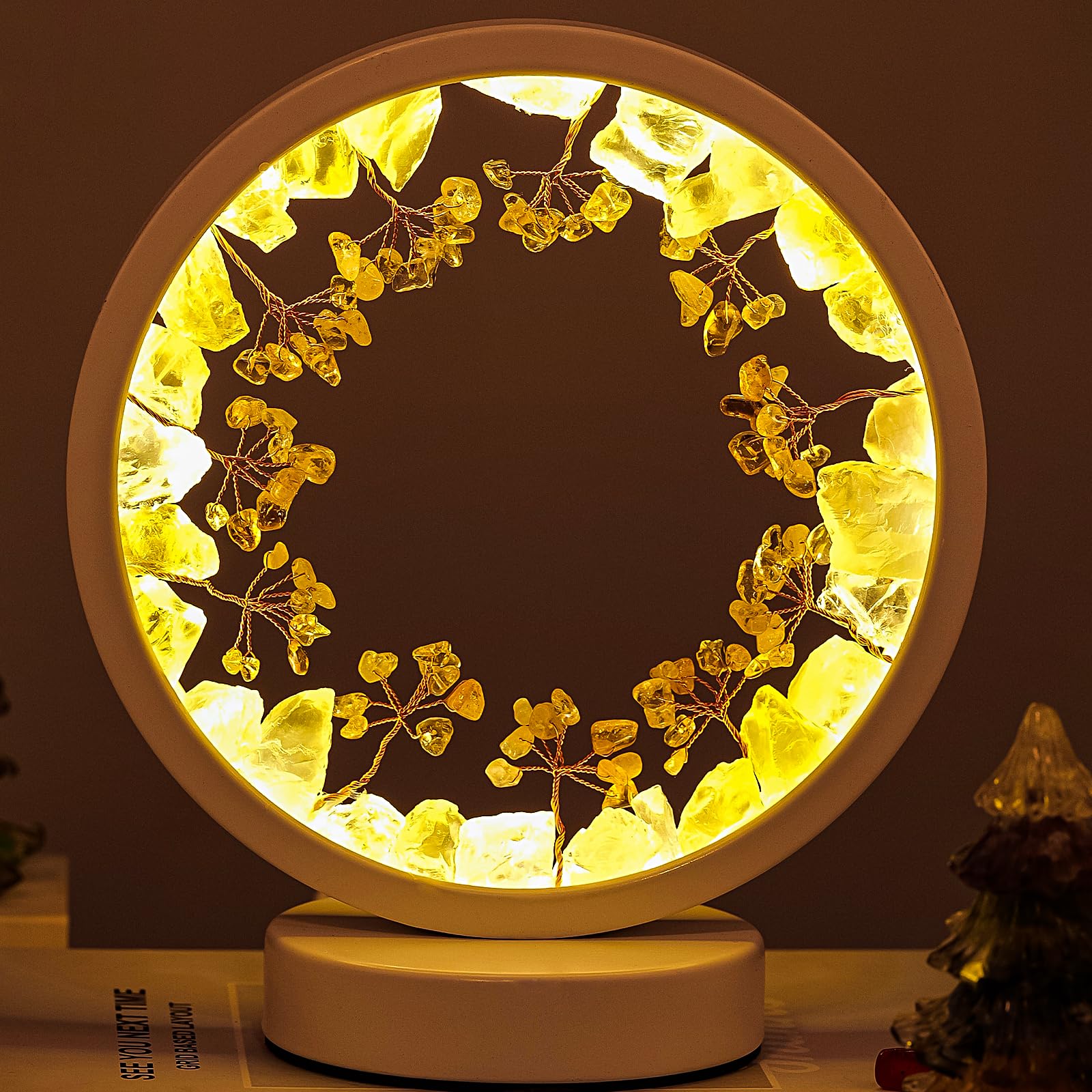 Runyangshi Natural Crystal Citrine Small Tree Round White Frame Tri-Color Ambient Light Home Decoration Night Light Healing Deco