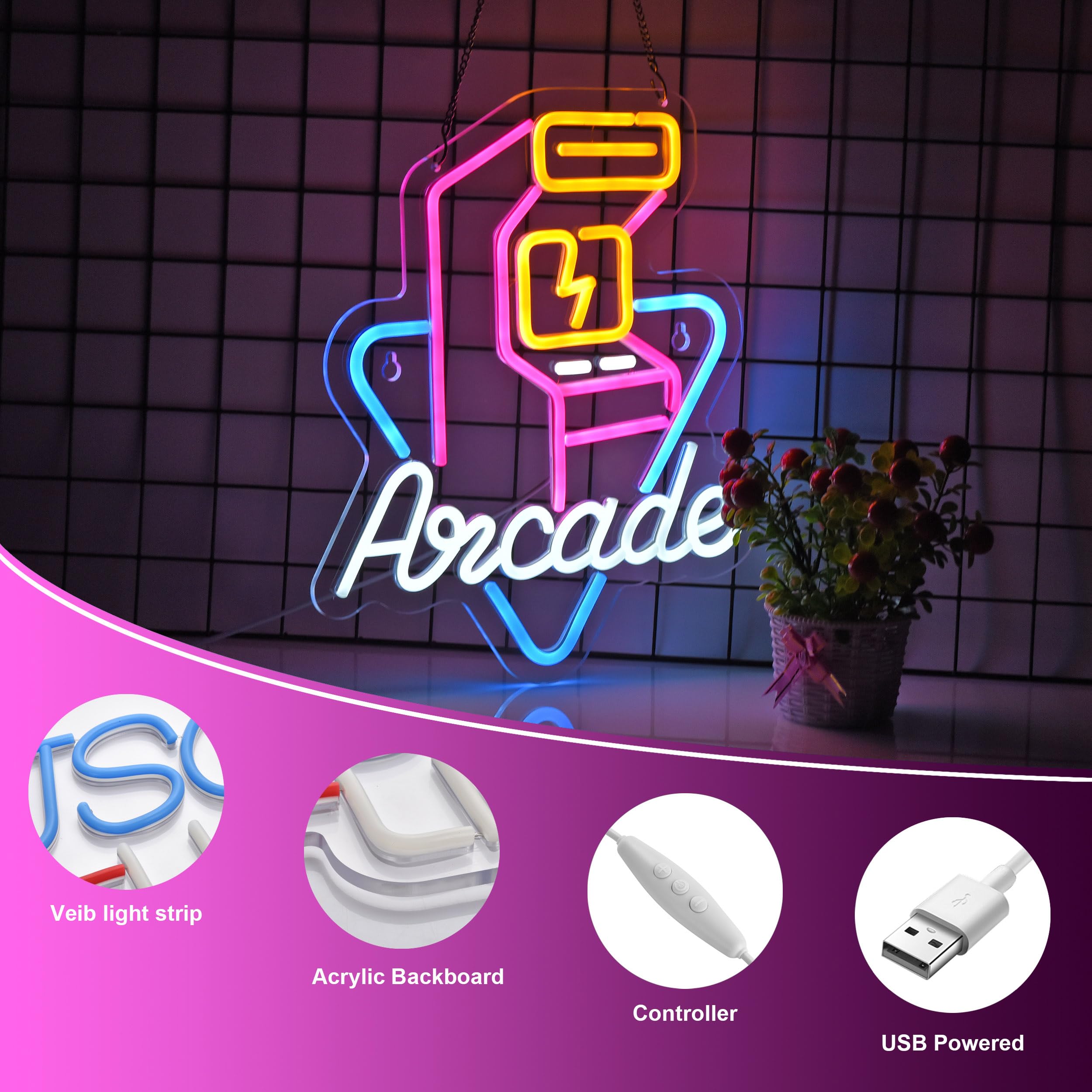 Hoyoelec LED Arcade Neon Sign with Dimmable Switch, 16x13 inches, White/Yellow/Blue/Pink, Decor for Wall Décor