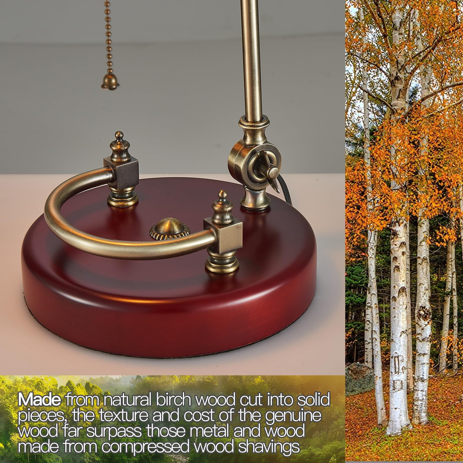 Bankers Lamp, Traditional Green Desk Lamp With Solid Birch Wood Base, Green Glass Antique Library Lamp With Pull Chain Switch, P