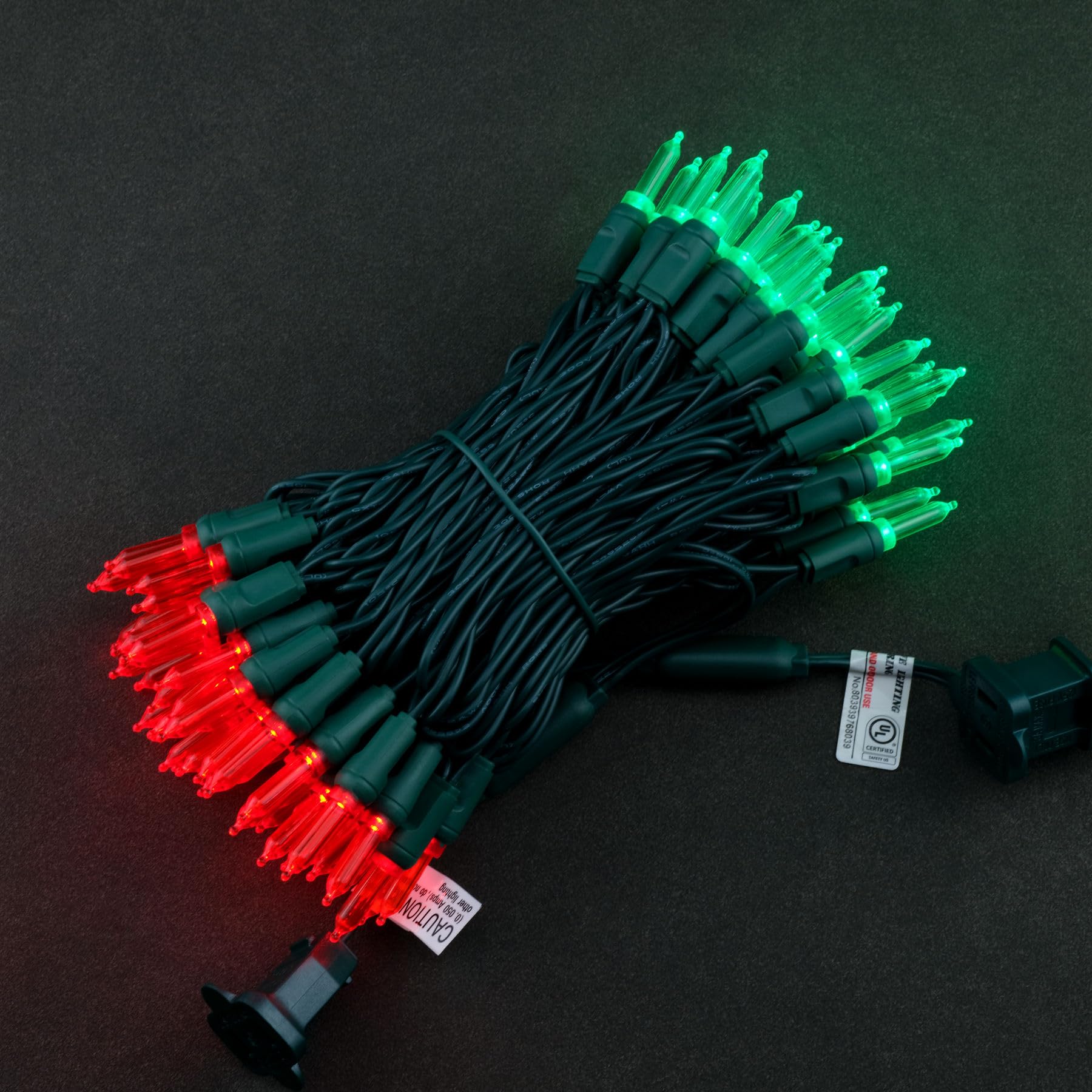 YULETIME T5 LED Christmas Lights, 33 ft Waterproof Green Wire, 100 Red & Green Bulbs, UL Certified