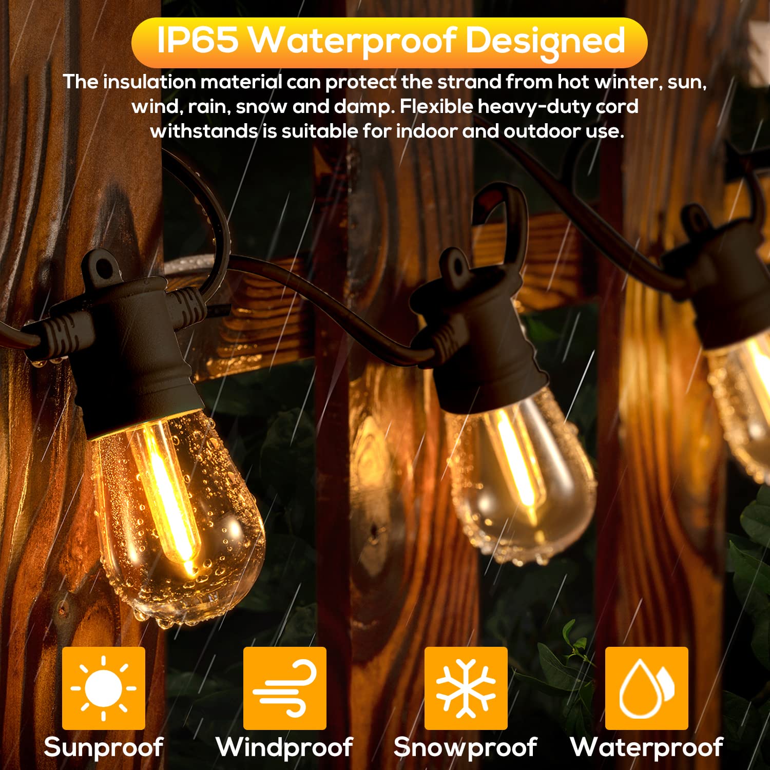 FMART 50FT LED Outdoor String Lights, Dimmable, Waterproof, 15 Sockets, Black, Shatterproof Edison Bulbs, Model SC-SPSL-12V-24W