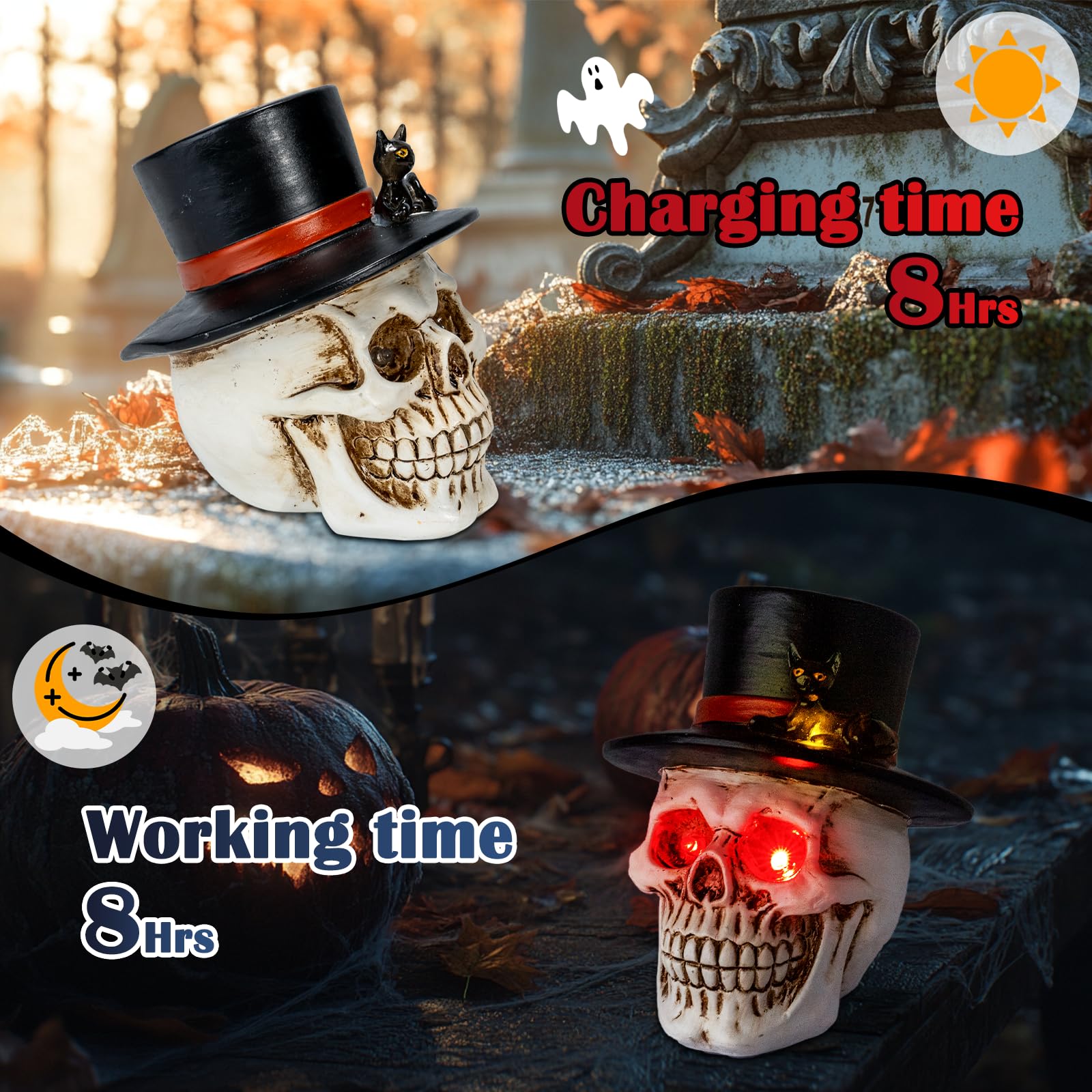 Pohabery Halloween Skull Decorations - Medium Solar Light with Spooky Red Eyes, Resin Figurine, Black Cat for Yard & Garden