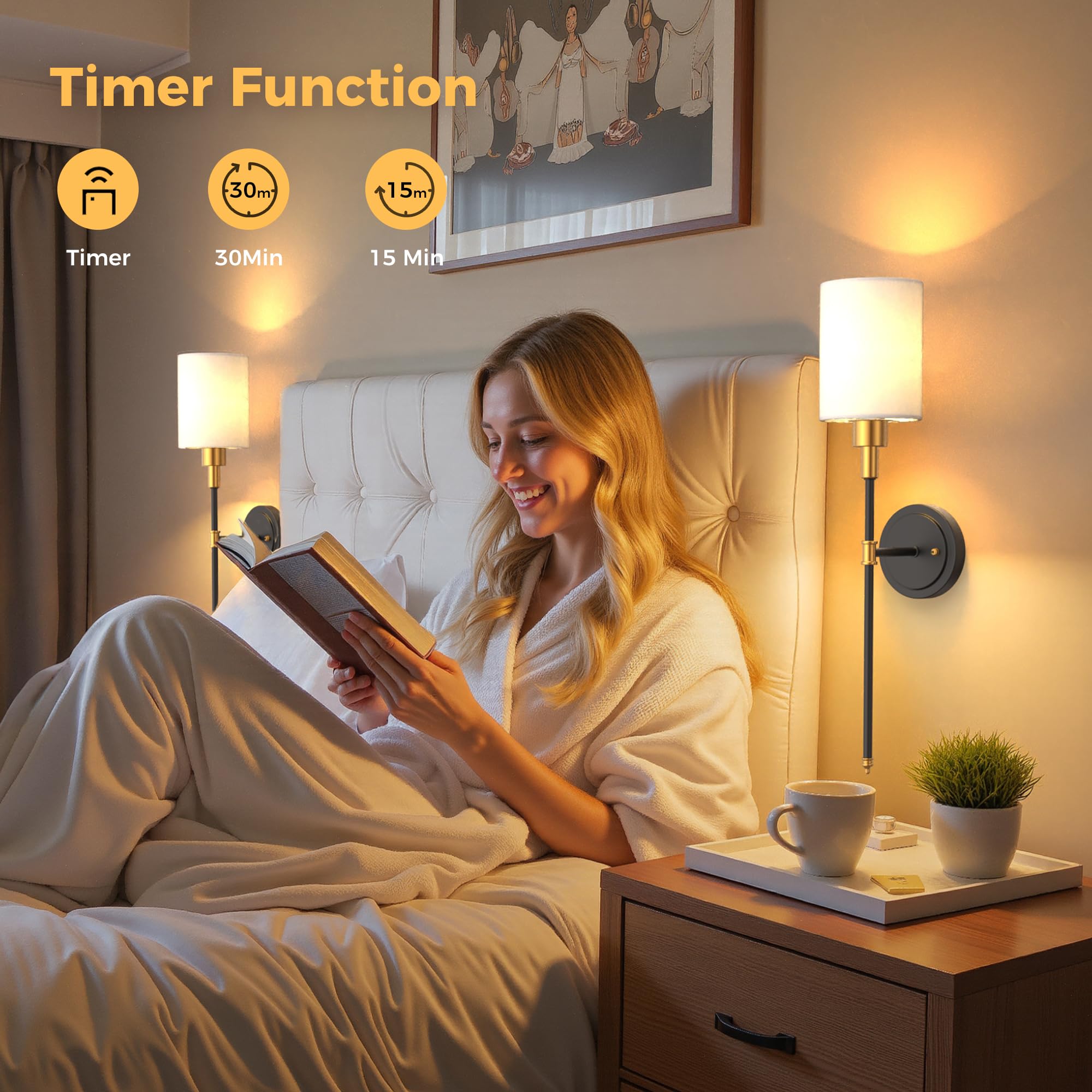 DORESshop Battery Operated Wall Sconce Set of 2, 24.3in Metal Wireless Light, Gold and Black for Bedroom & Living Room