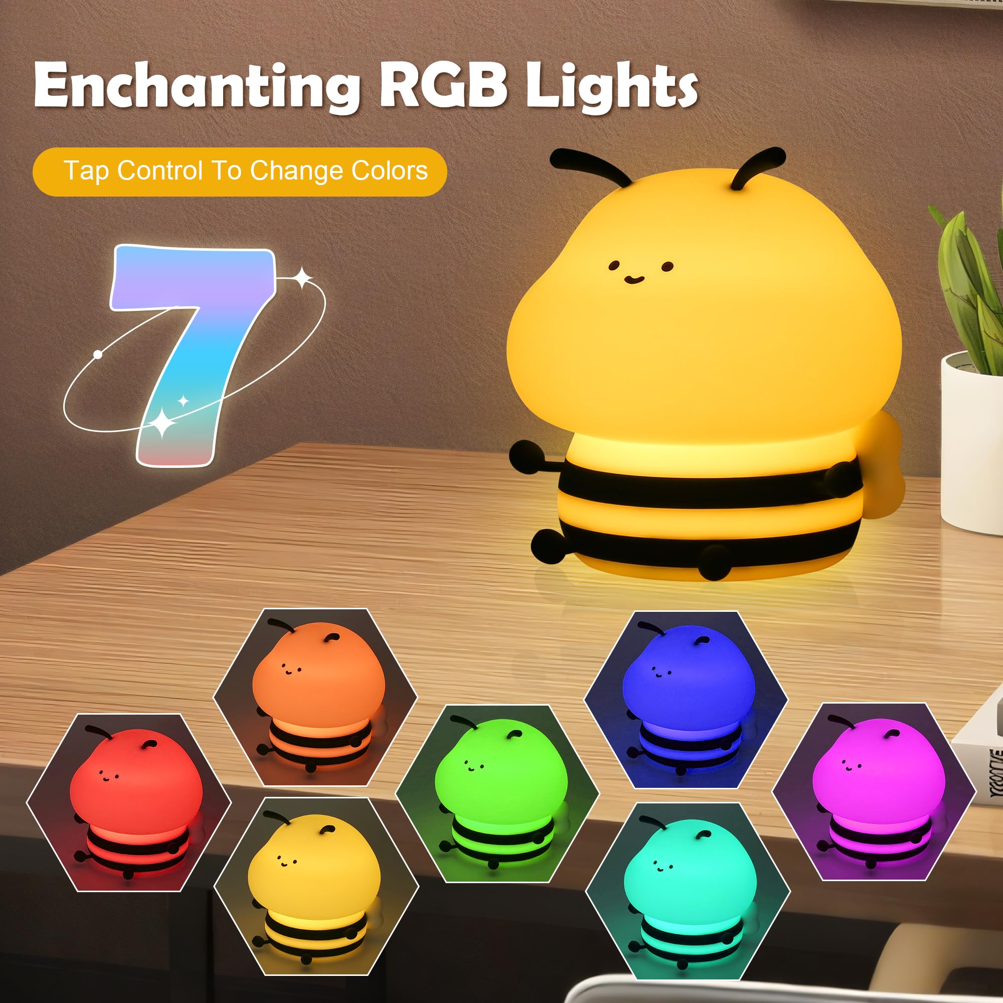 Soledun Bee Silicone Night Light - Dimmable RGB Lamp with USB Rechargeable Touch Control for Kids' Bedroom & Nursery Decor