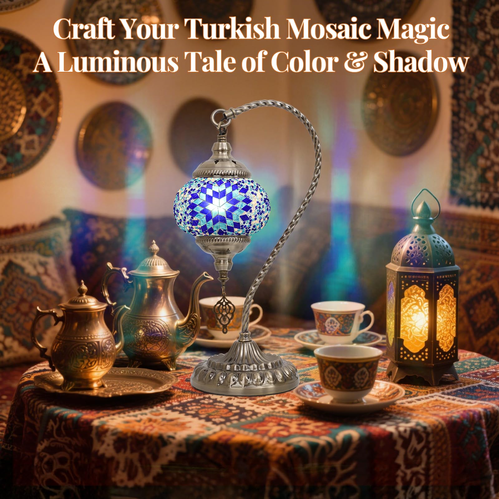 Bohmr Diy Turkish Mosaic Lamp Kit  Swan-Neck Stained Glass Lamp Making Kit- Easy Fun No Experience Needed  Mosaic Art & Craft Project Kits For mature-themeds & Teens  Make Your Own Table Lamp Blue