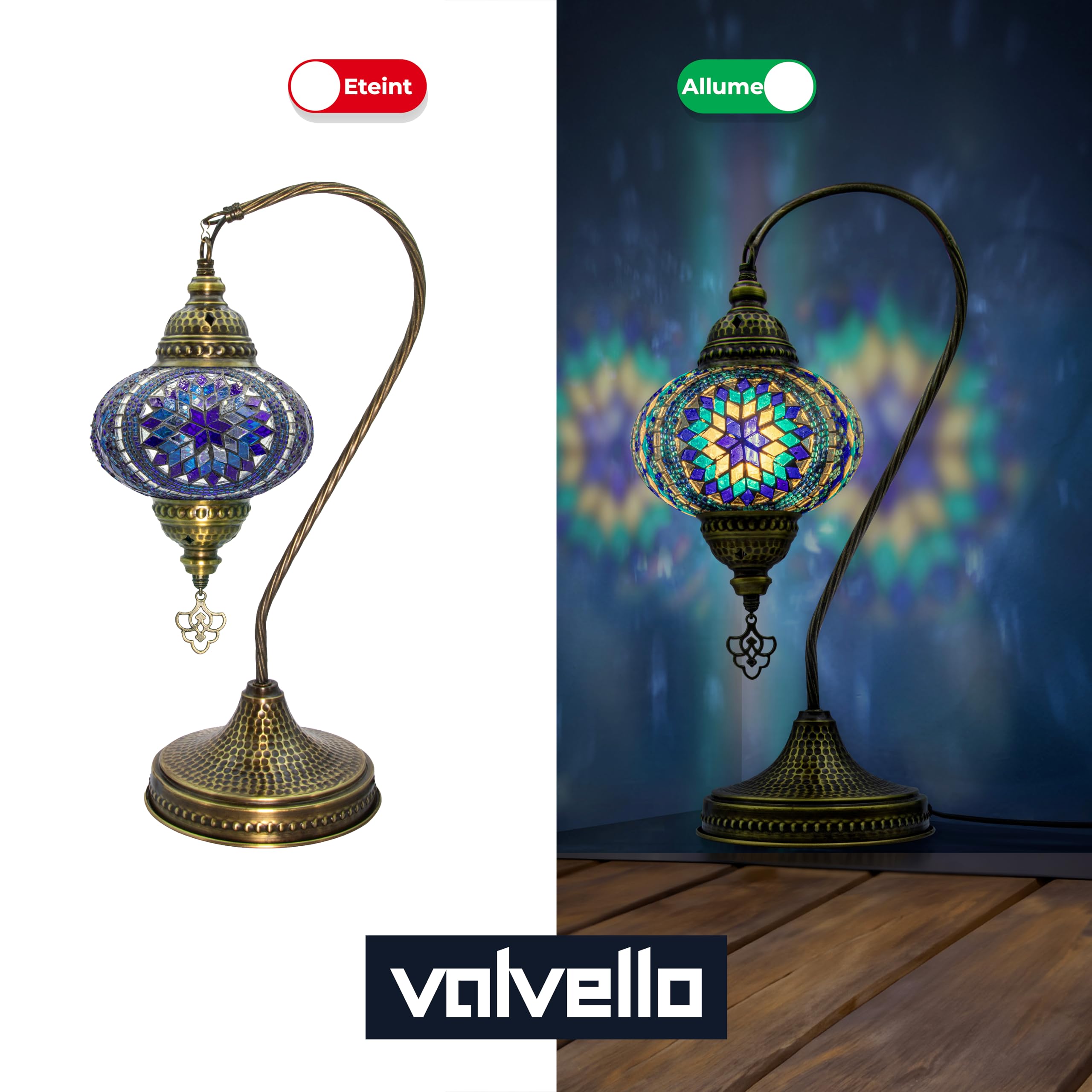 VALVELLO Turkish Moroccan Mosaic Swan Neck Lamp, Night Light, Tiffany Style, Vintage, Decorative Glass Table Lamp for Bedroom, O