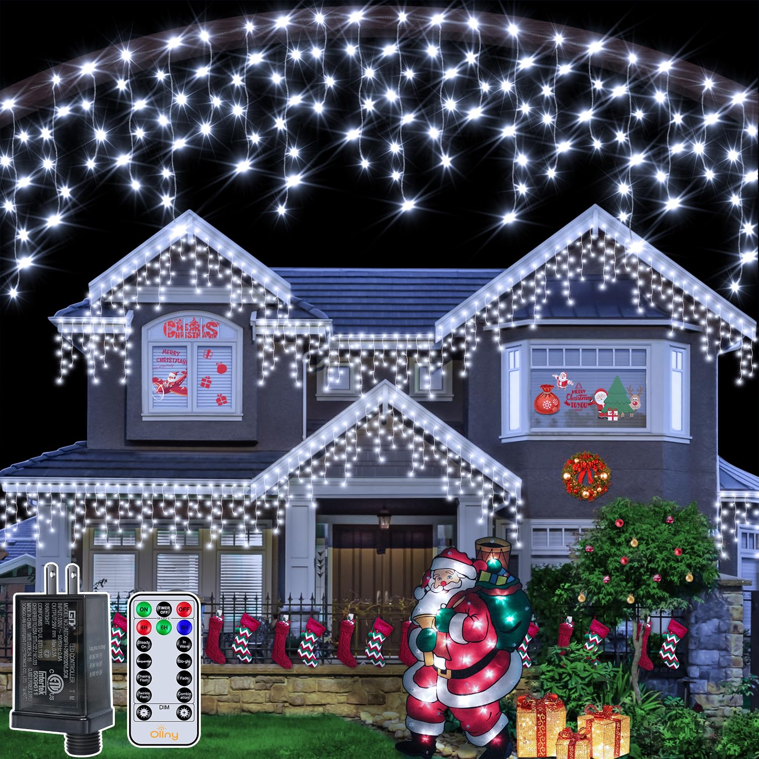 Ollny Cool White Icicle Lights, 594 Led Christmas Lights, 49Ft, Waterproof With Remote, 8 Modes, Model Hg-29V595Bc