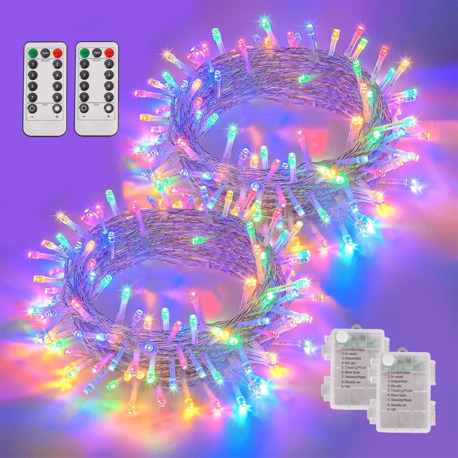 YEGUO Christmas Lights Battery Operated, 2 Pack Each 33ft 100 LED Multicolor String Lights Outdoor Waterproof,8 Modes Clear Wire