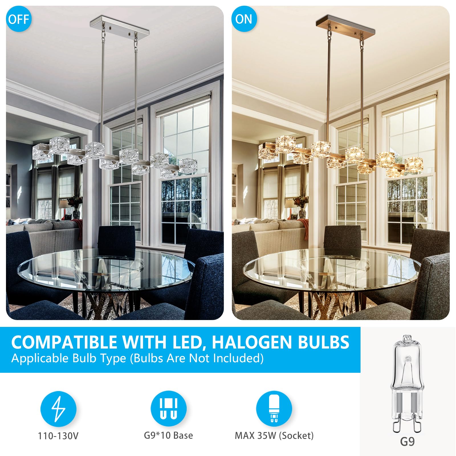 Xingqi Rectangular Chandeliers For Dining Room, Modern 10 Lights Brushed Nickel Kitchen Island Light Fixture With Glass Lampshad