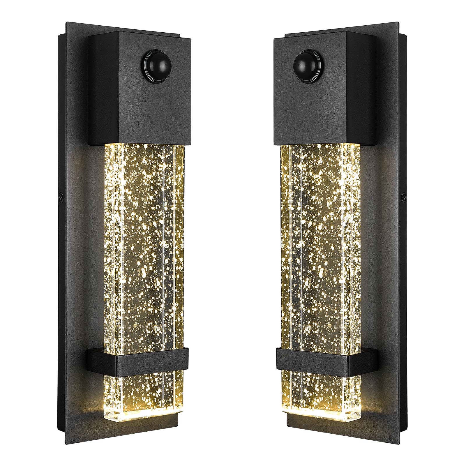 HWH 2 Pack Motion Sensor Outdoor Wall Lamps, Dusk to Dawn Exterior Wall Lanterns with Crystal Bubble Glass, Black Exterior LED L