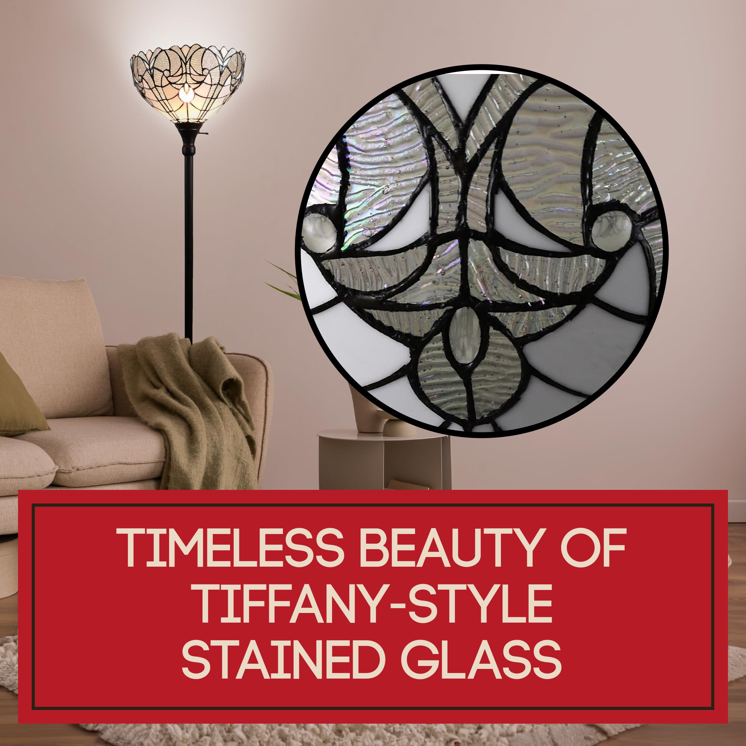 Amora Tiffany Floor Lamp Torchiere 72in White Mahogany Custom Handcrafted