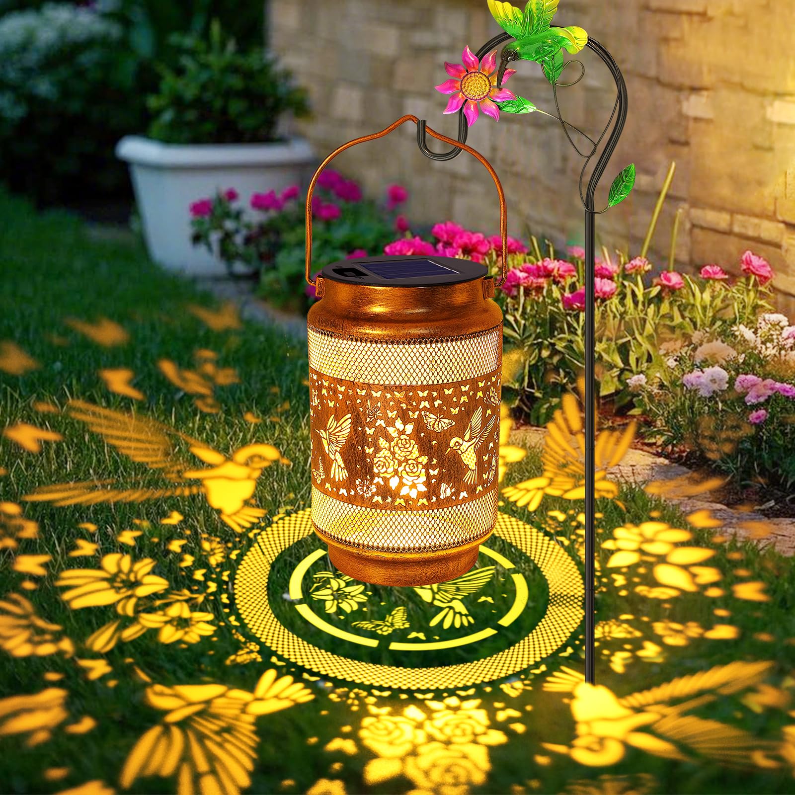 Hummingbird Solar Lanterns Outdoor Waterproof with Shepherd Hook, Birthday Gifts for Women Mom Grandma, Metal Solar Hanging Ligh