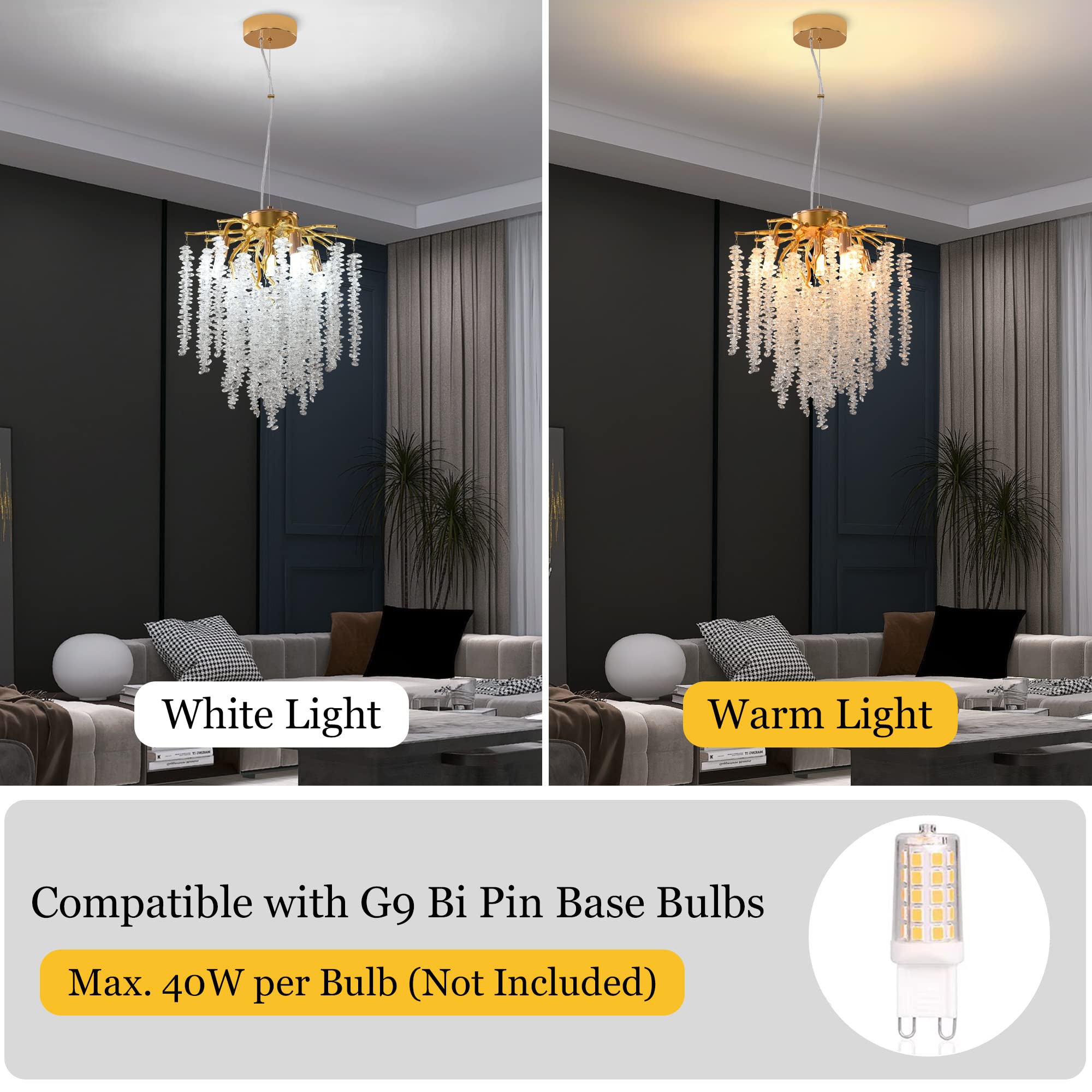 Upfelw Modern Tree Branch Chandelier, D11.8'' Gold Crystal Raindrop Indoor Hanging Pendant Light Fixture For Dining Room Kitchen