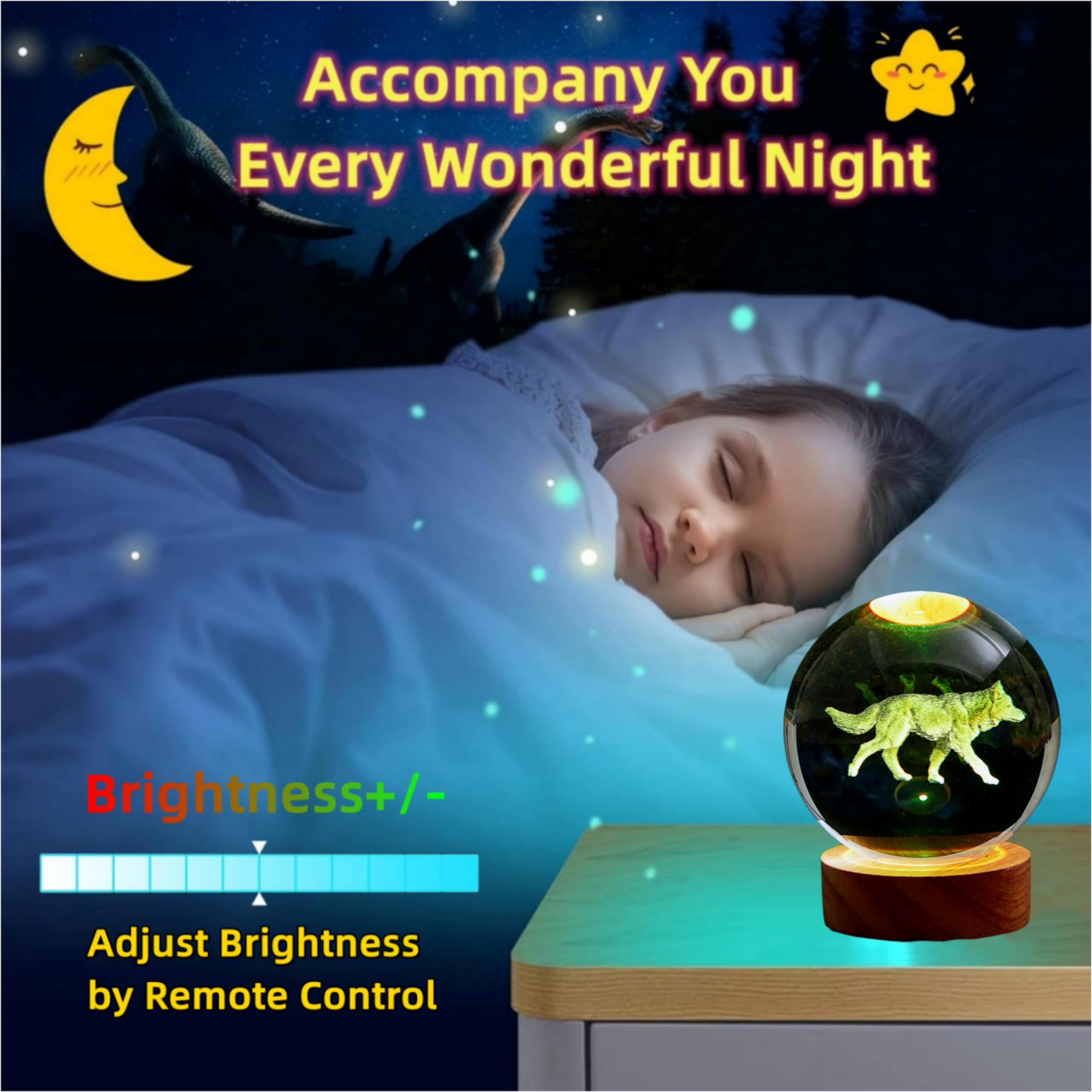 DIGFPWT 3D Crystal Ball Night Light, 3.15 Inch LED Lamp with Remote, 16 Colors, Wooden Base, Wolf Design, Gift Box Included
