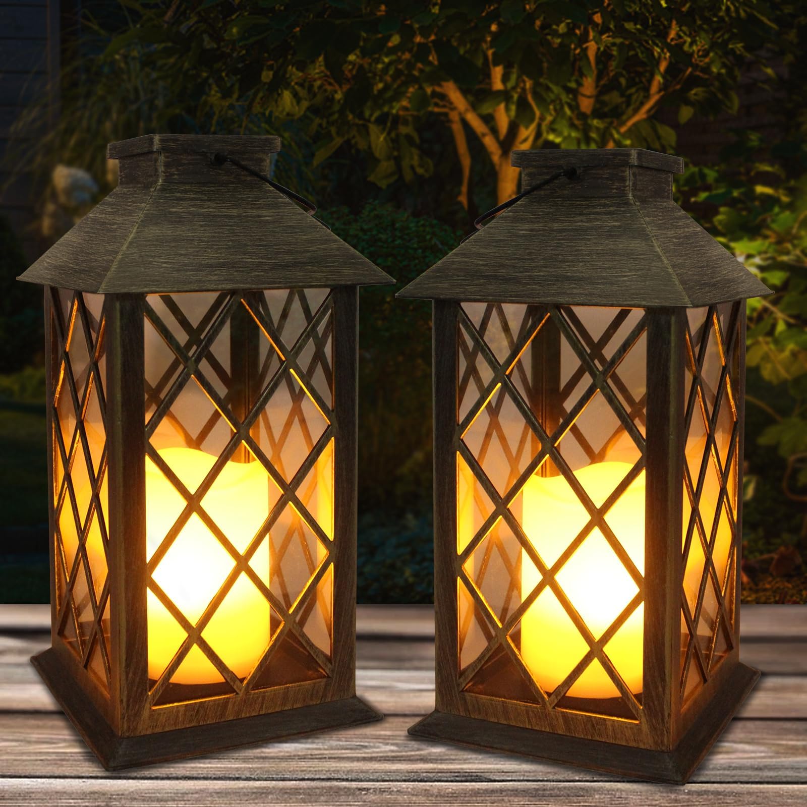 Shymery Solar Lantern 2 Pack - 14 Inch Waterproof Led Flickering Flameless Candle, Bronze