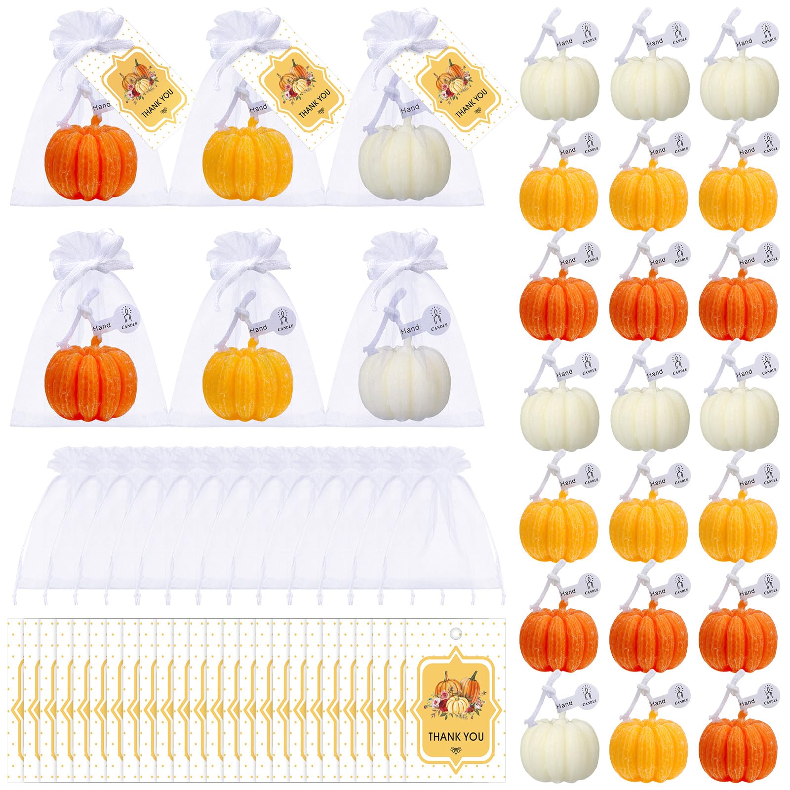 Treela Pumpkin Candles - 24 Sets Tealight for Fall Baby Shower, Thanksgiving, Classic Colors, Wax and Organza
