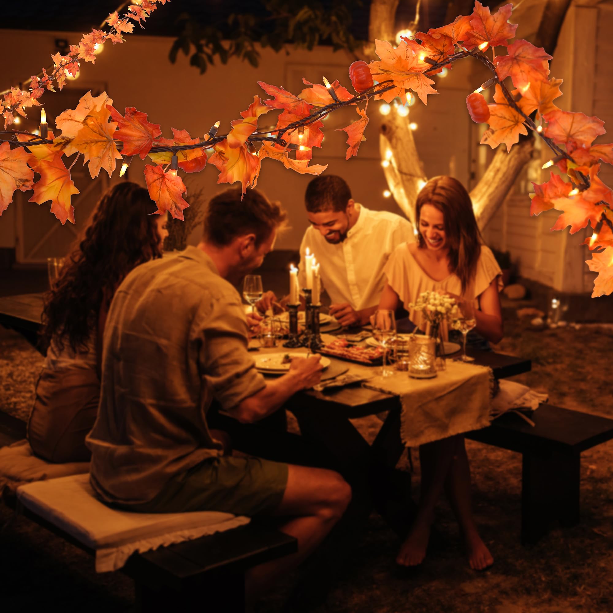 Fall Decor 11Ft Fall Garland With Lights - 50 Bulbs Plug In Fall Lights, Thanksgiving Decorations Indoor Outdoor Connectable Fall String Lights Leaves With Pumpkin, Thanksgiving Halloween Decorations