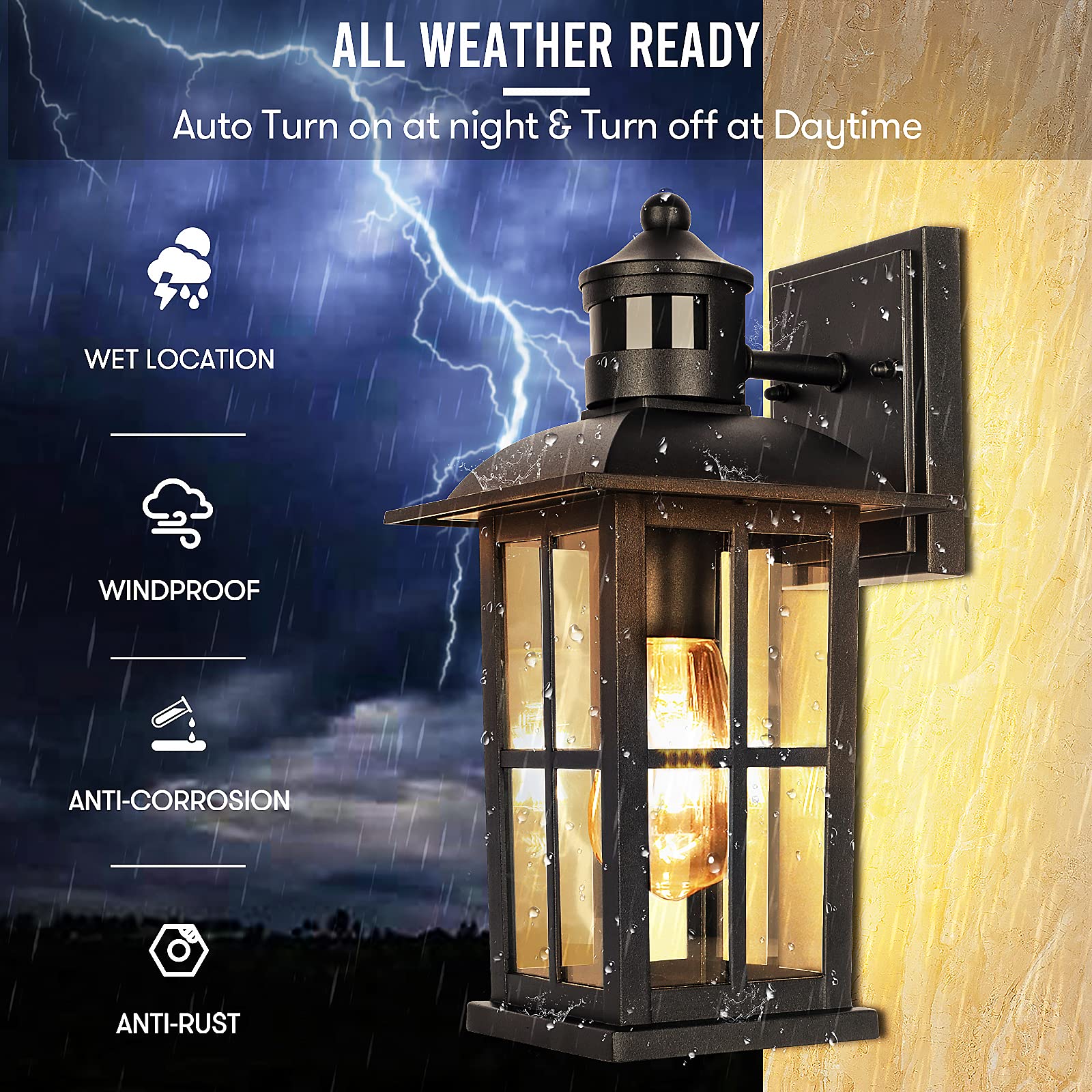 VerRon Motion Sensor Wall Lights, 2 Pack, LED, Dusk to Dawn, Waterproof, 100% Aluminum, Black