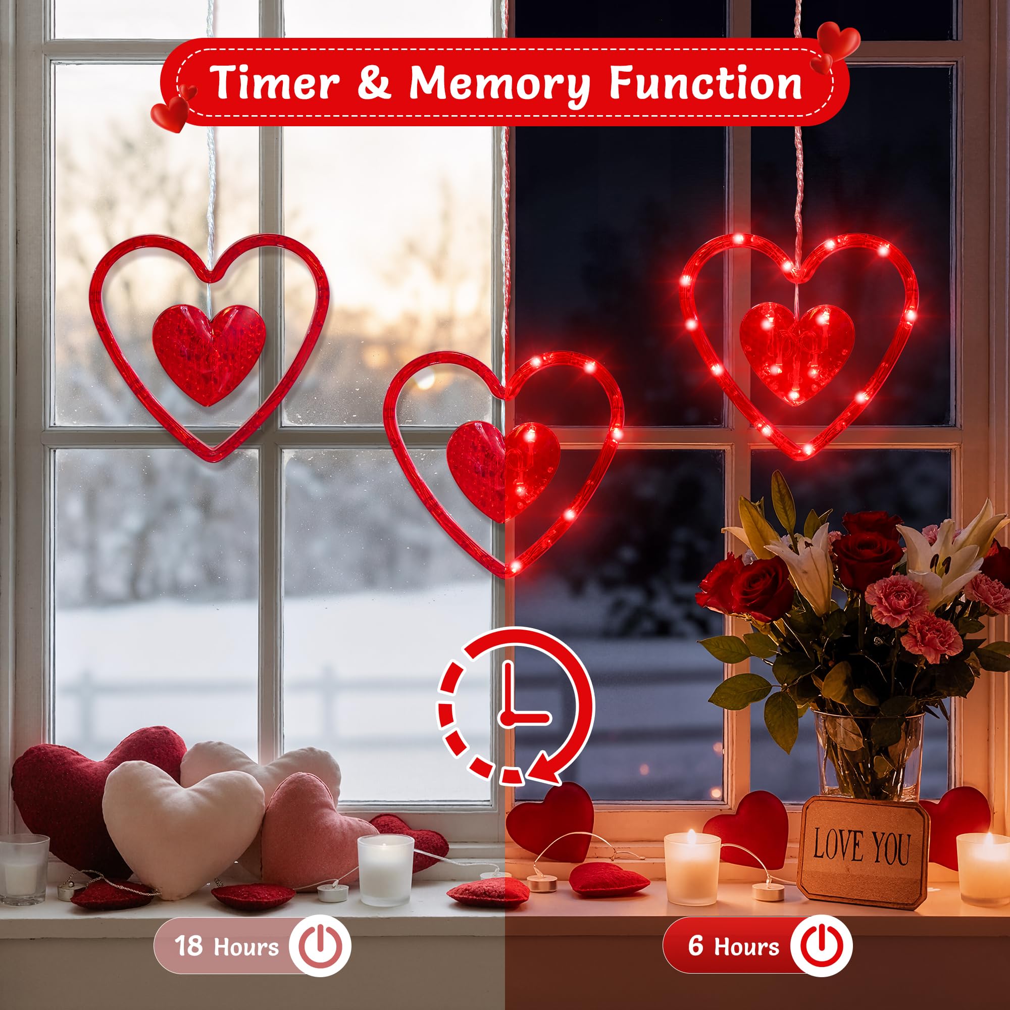 Hopolon Valentines Day Window Lights 2Ft 45Led Red Heart Valentines Day Decorations Lights Battery/Usb Operated Light Waterproof  8Modes&Timer For Indoor Outdoor Holiday Home Wall Door Decor(4Hooks)
