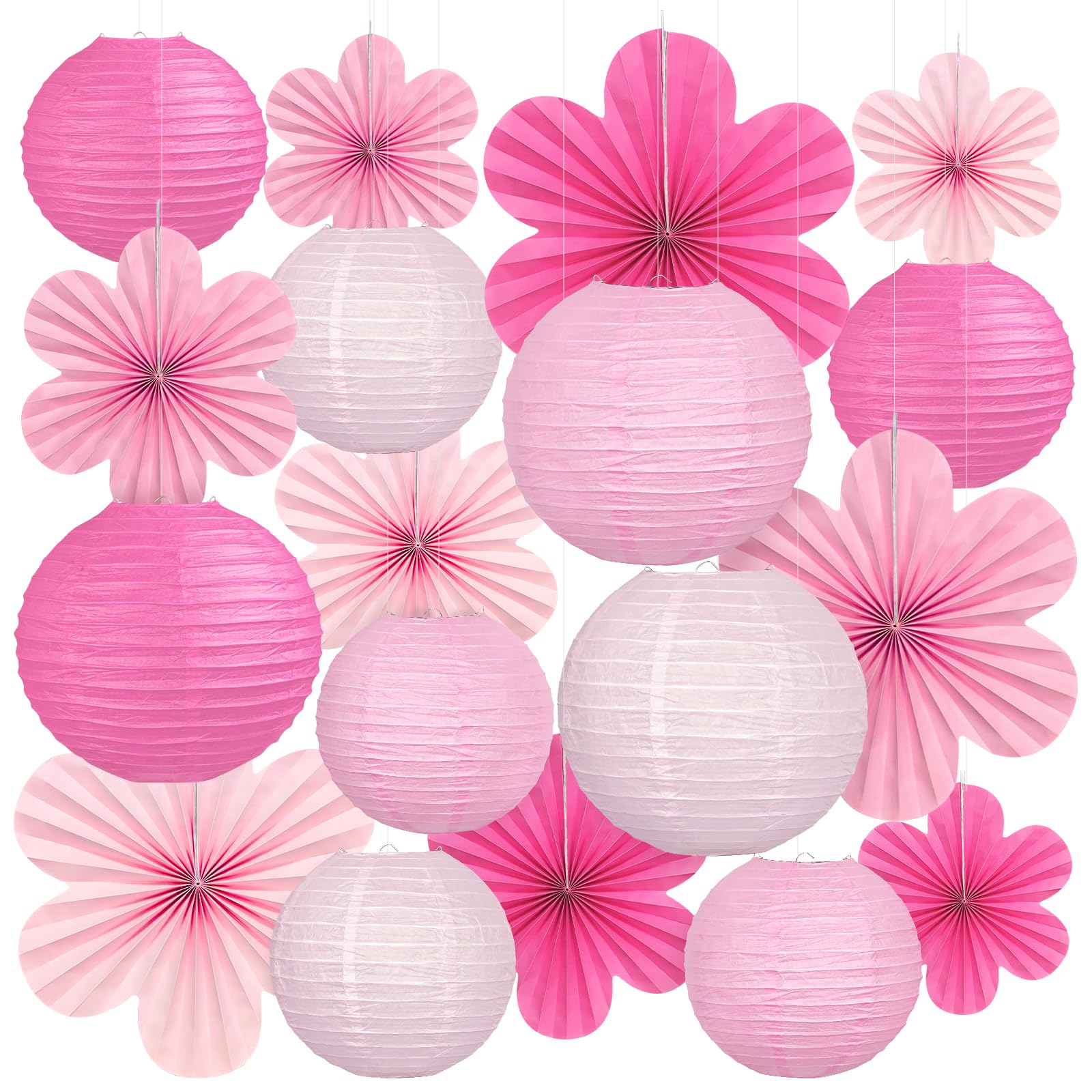 Pink Party Decorations, 18Pcs Hot Pink Hanging Paper Lanterns & Flower Fans 8-14 for Girls Birthday, Bridal Shower, Wedding, Bac