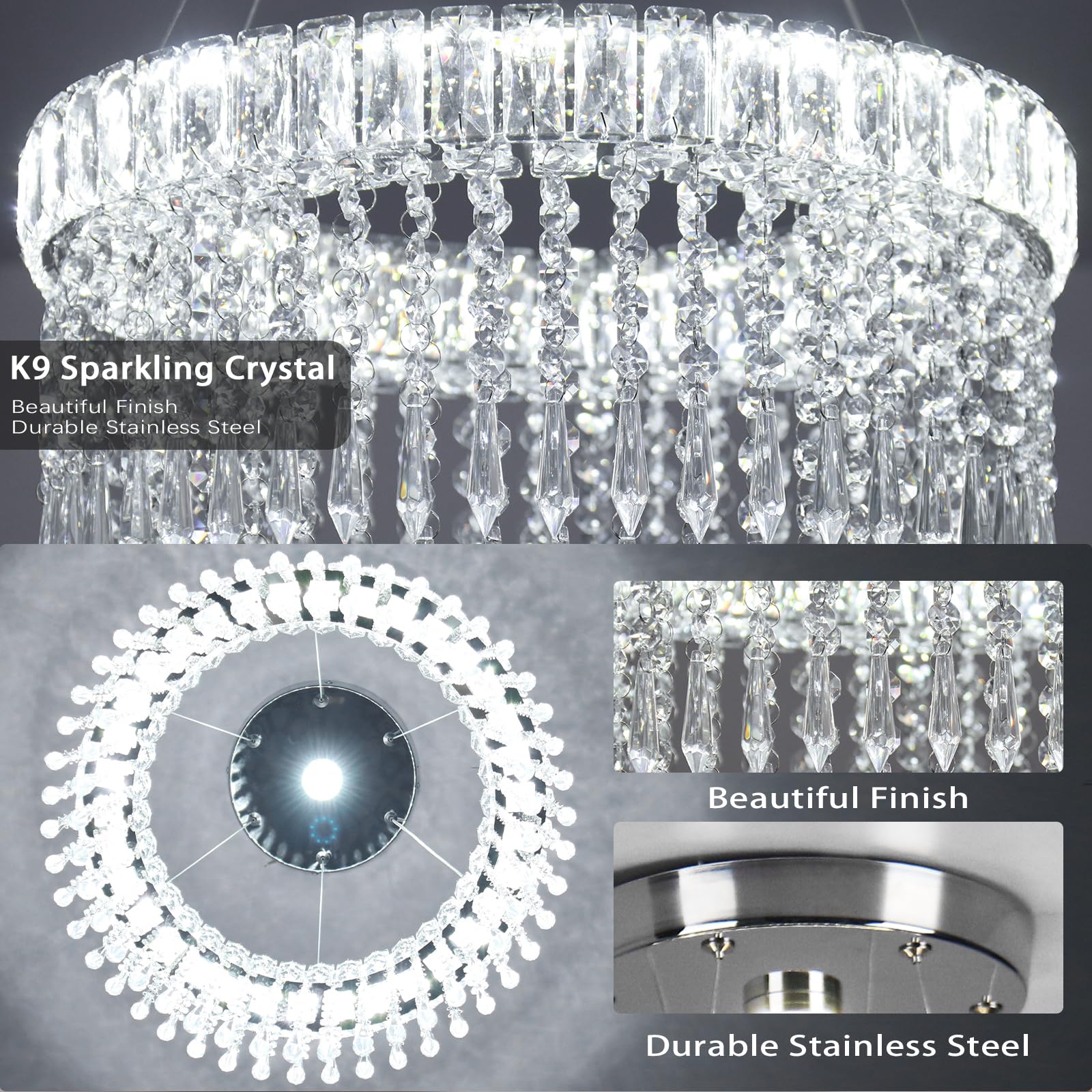 Cainjiazh Modern Crystal Chandelier Light Fixtures stylish Chandeliers Pendant Light Fixtures 16  Round Flush Mount Chandeliers Ceiling Lighting For Living Room Dining Room Bedroom White