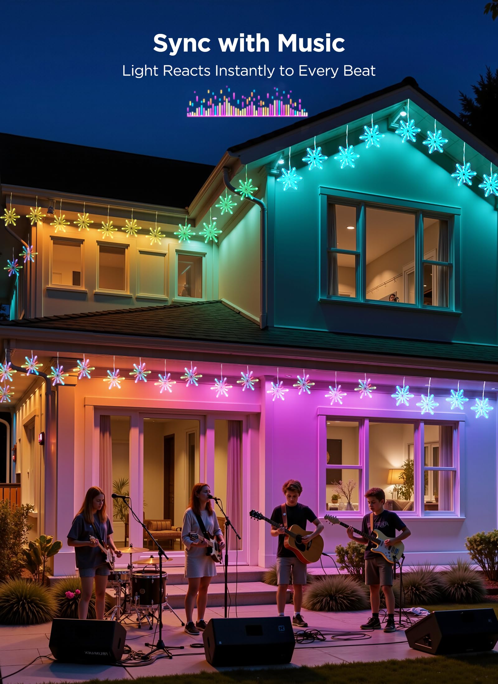 Brightown Smart Christmas Snowflake Lights, 12ft 96LED, APP Control, Waterproof, 8 Drops, White, Model BMSL83