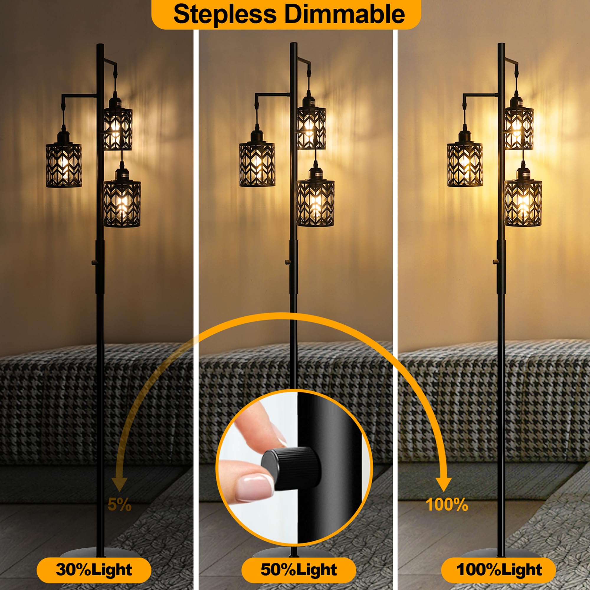 ROTTOGOON Dimmable Floor Lamp, Industrial Metal Design, 68in Tall, Black, Model RODLLDD24314 with 3 LED Bulbs