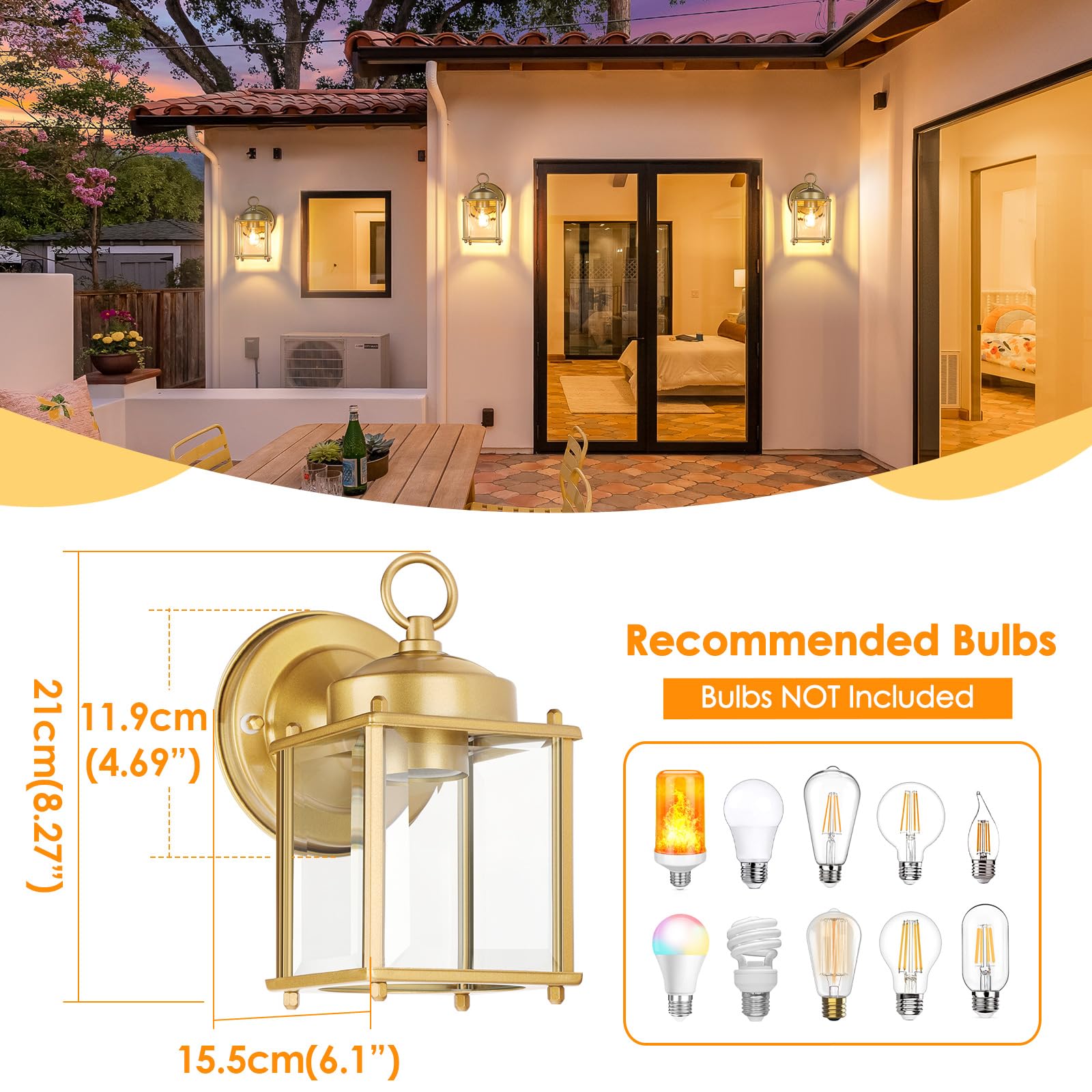 Matameye Outdoor Wall Lantern, Exterior Waterproof Wall Sconce Light Fixtures, Gold Front Door Wall Lighting With Clear Beveled