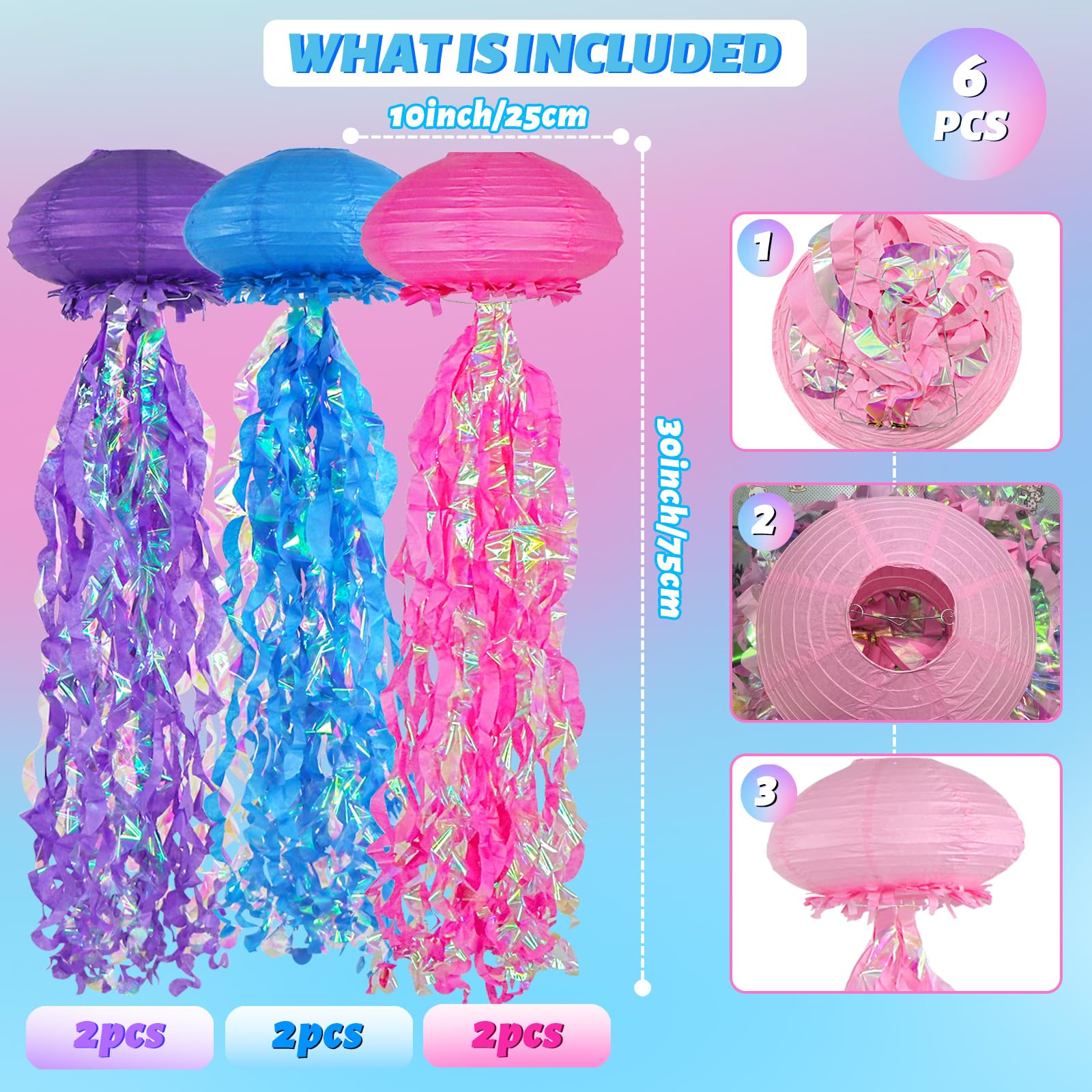 Jellyfish Paper Lanterns, Under The Sea Party Decorations, Dark Pink Blue Purple Hanging Jelly Fish Lantern For Kids Birthday De