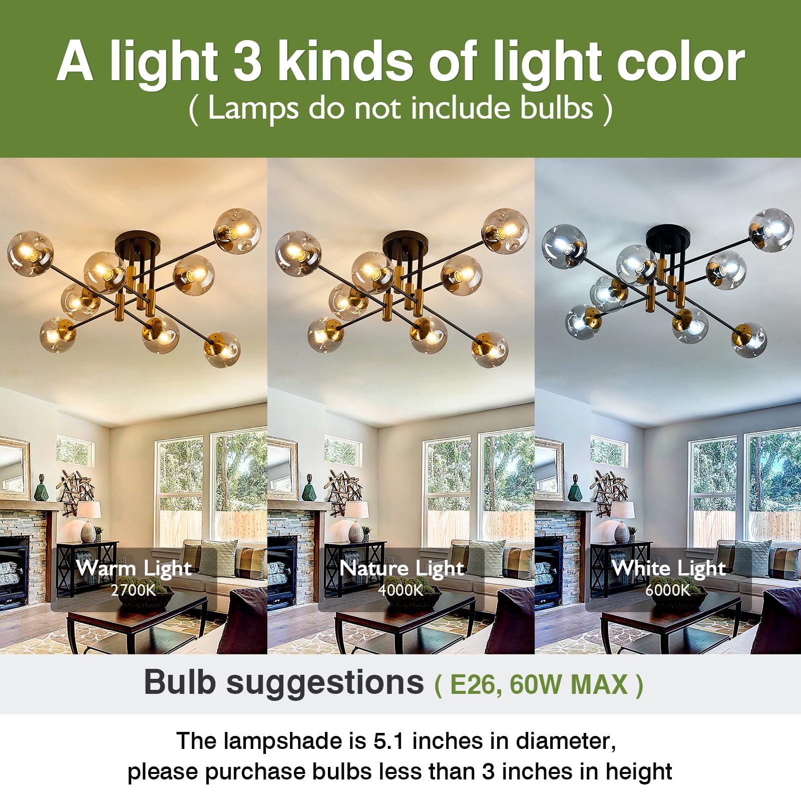 Szxykeji 8 Light Black Sputnik Chandelier, Glass Globe Flush Mount For Living Room & Dining Room