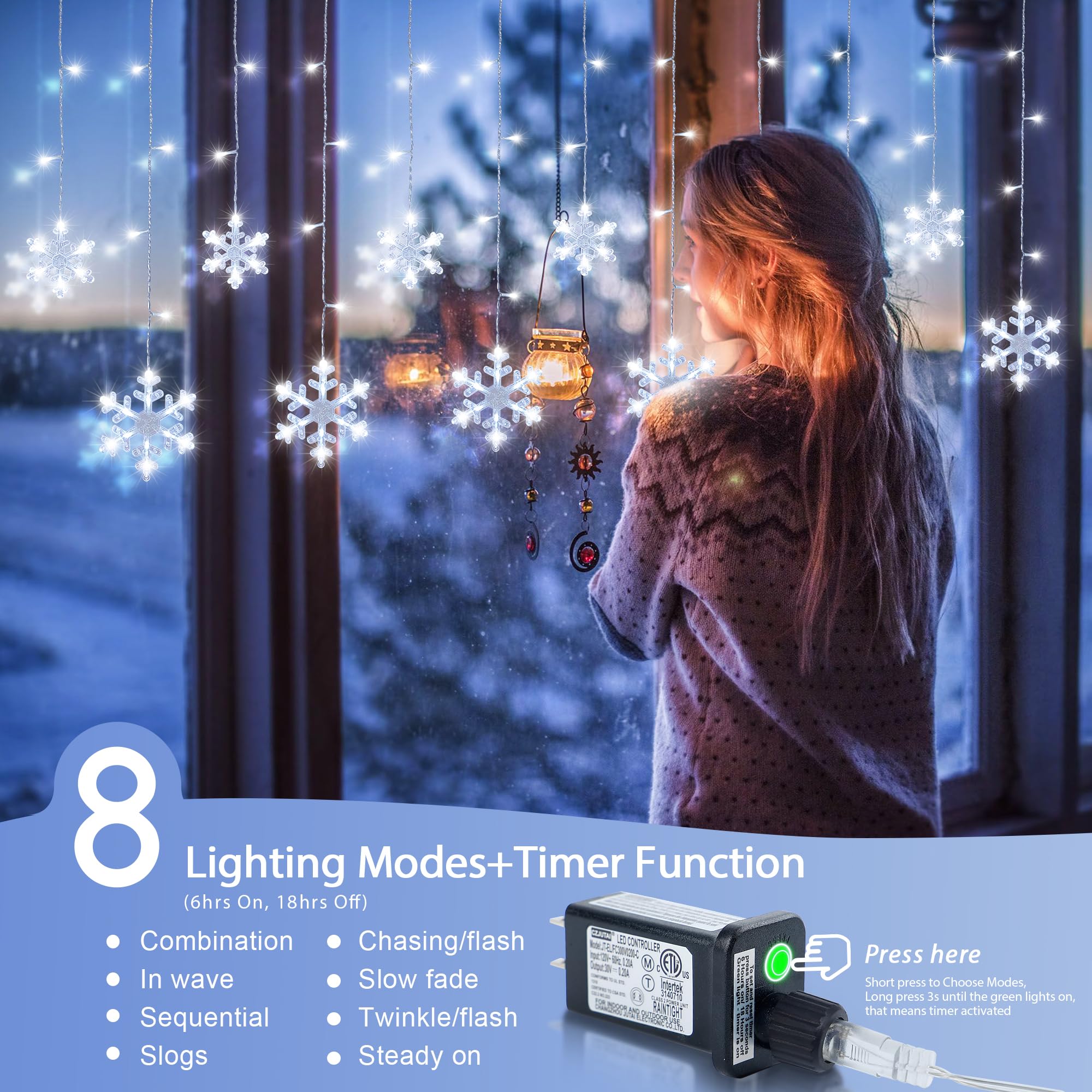 Qunlight 144LED Christmas Snowflake Icicle Lights, 6.5ft Outdoor Fairy Light, Waterproof, White, 8 Modes for Indoor/Outdoor Xmas Decor
