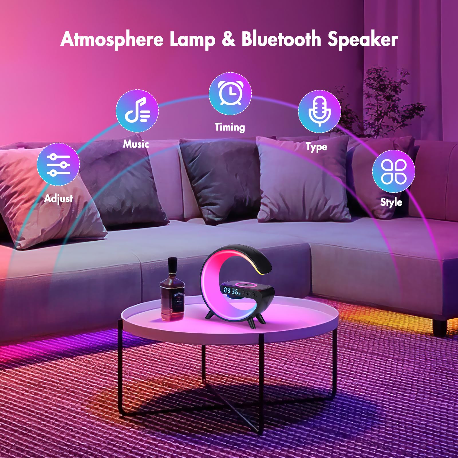 Wireless Charger Atmosphere Lamp, 2025 New Mini Led Table Lamp, Bluetooth Speaker, Dimmable Night Light Bedside Lamp Alarm Clock