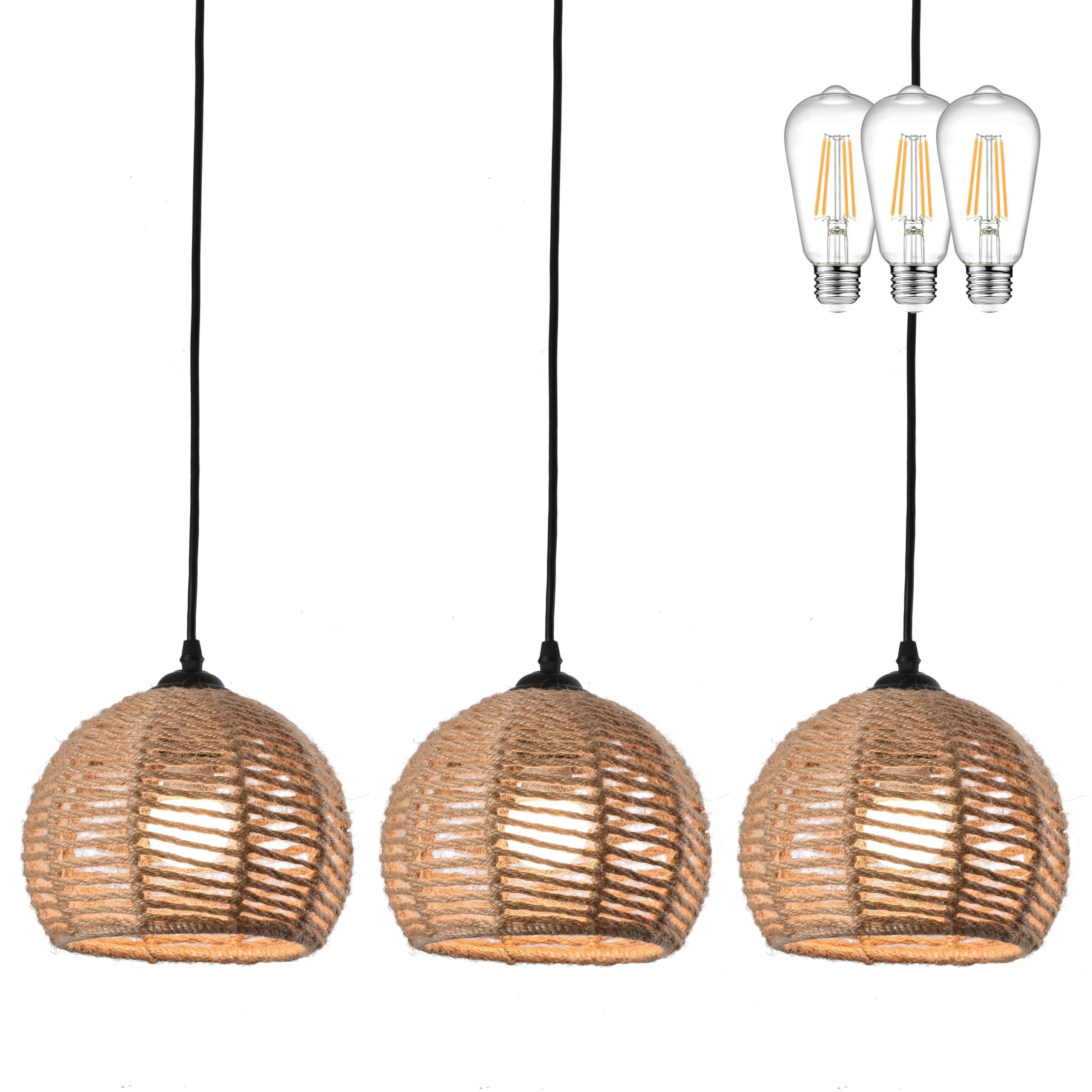 Ayshwilldec 3-Pack Woven Pendant Light, Boho Chandelier, Hemp Rope, Rustic For Dining Room & Kitchen